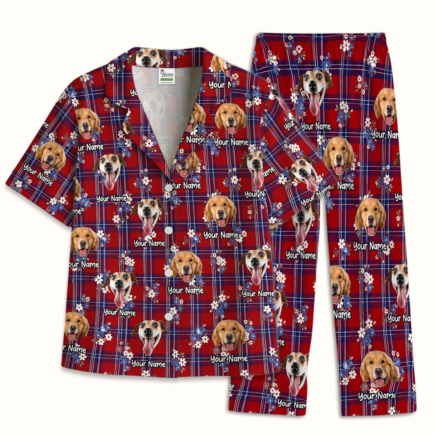 Custom Face Dog With Floral Plaid Pattern Pajama Set, Soft Breathable Fabric Comfortable Sleepwear