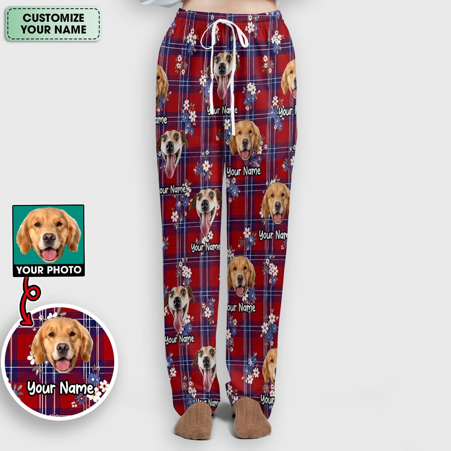 Custom Face Dog With Floral Plaid Pattern Scrub Set, Scrub Pants and V Neck Top