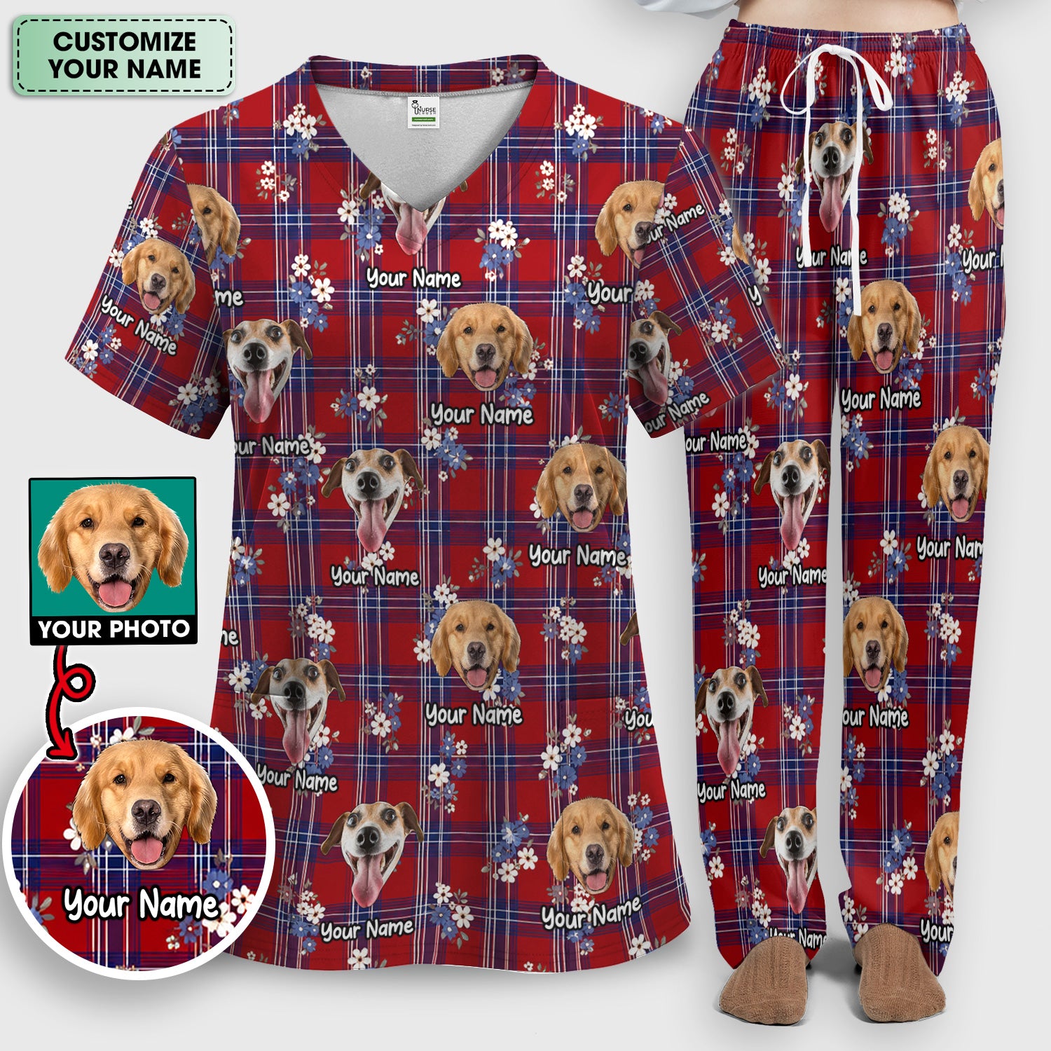 Custom Face Dog With Floral Plaid Pattern Scrub Set, Scrub Pants and V Neck Top