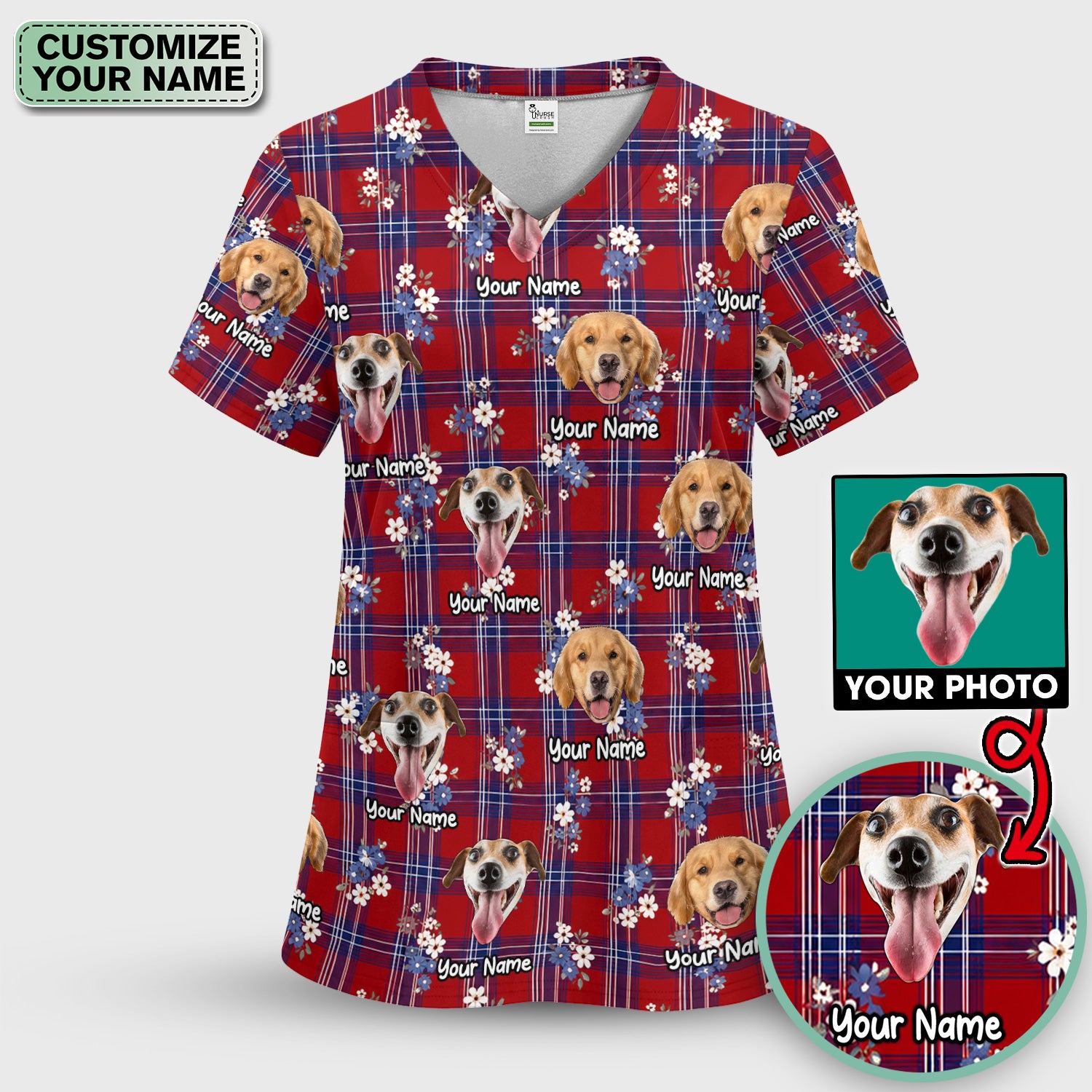 Custom Face Dog With Floral Plaid Pattern Scrub Set, Scrub Pants and V Neck Top