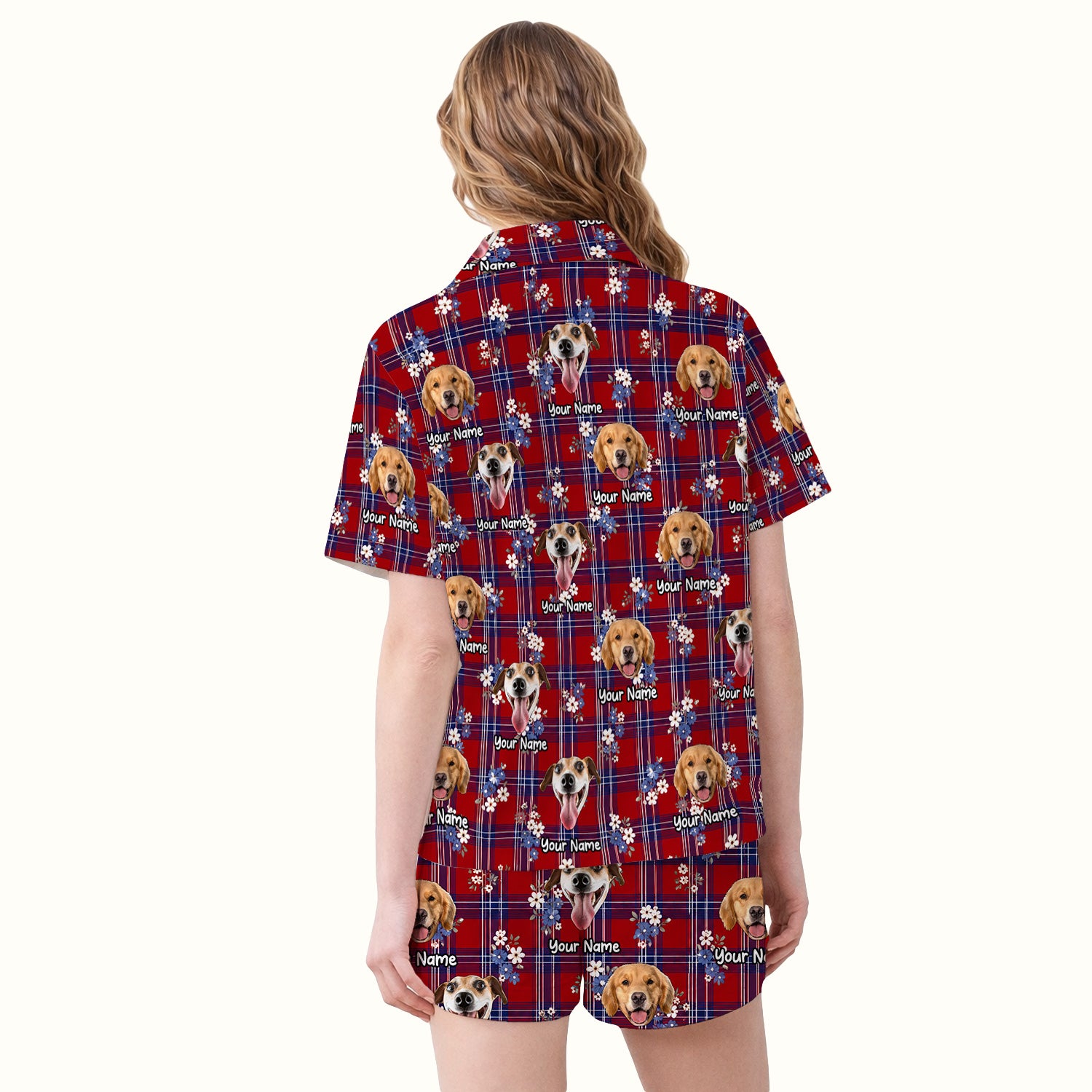 Custom Face Dog With Floral Plaid Pattern Pajama Set, Soft Breathable Fabric Comfortable Sleepwear