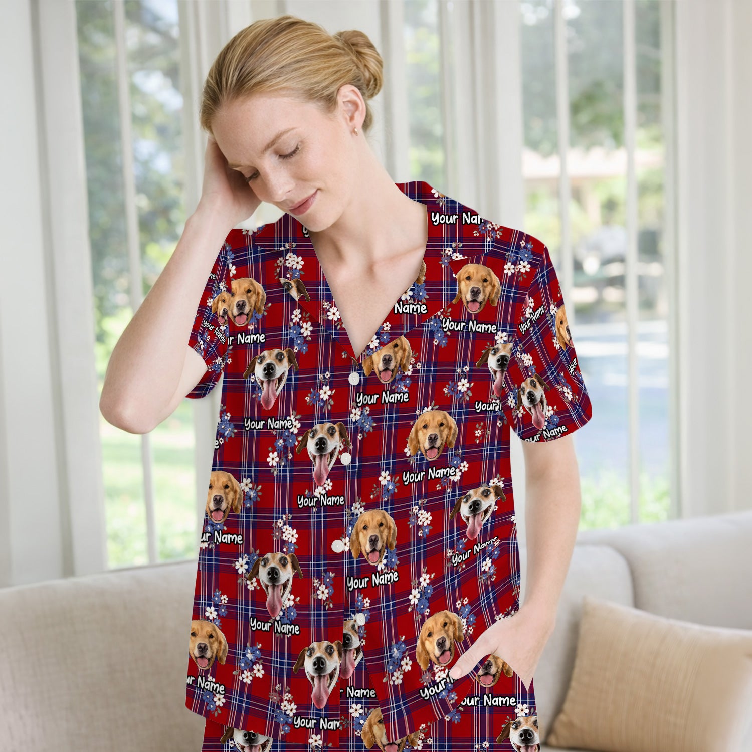 Custom Face Dog With Floral Plaid Pattern Pajama Set, Soft Breathable Fabric Comfortable Sleepwear