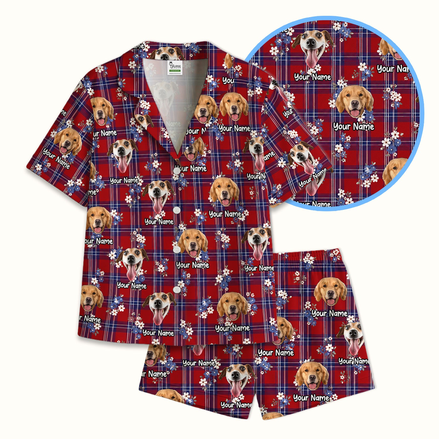 Custom Face Dog With Floral Plaid Pattern Pajama Set, Soft Breathable Fabric Comfortable Sleepwear