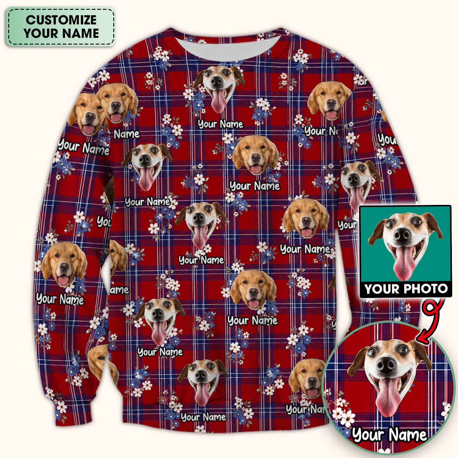 Custom Face Dog With Floral Plaid Pattern Scrub Top, Comfortable Scrubs for Nurses
