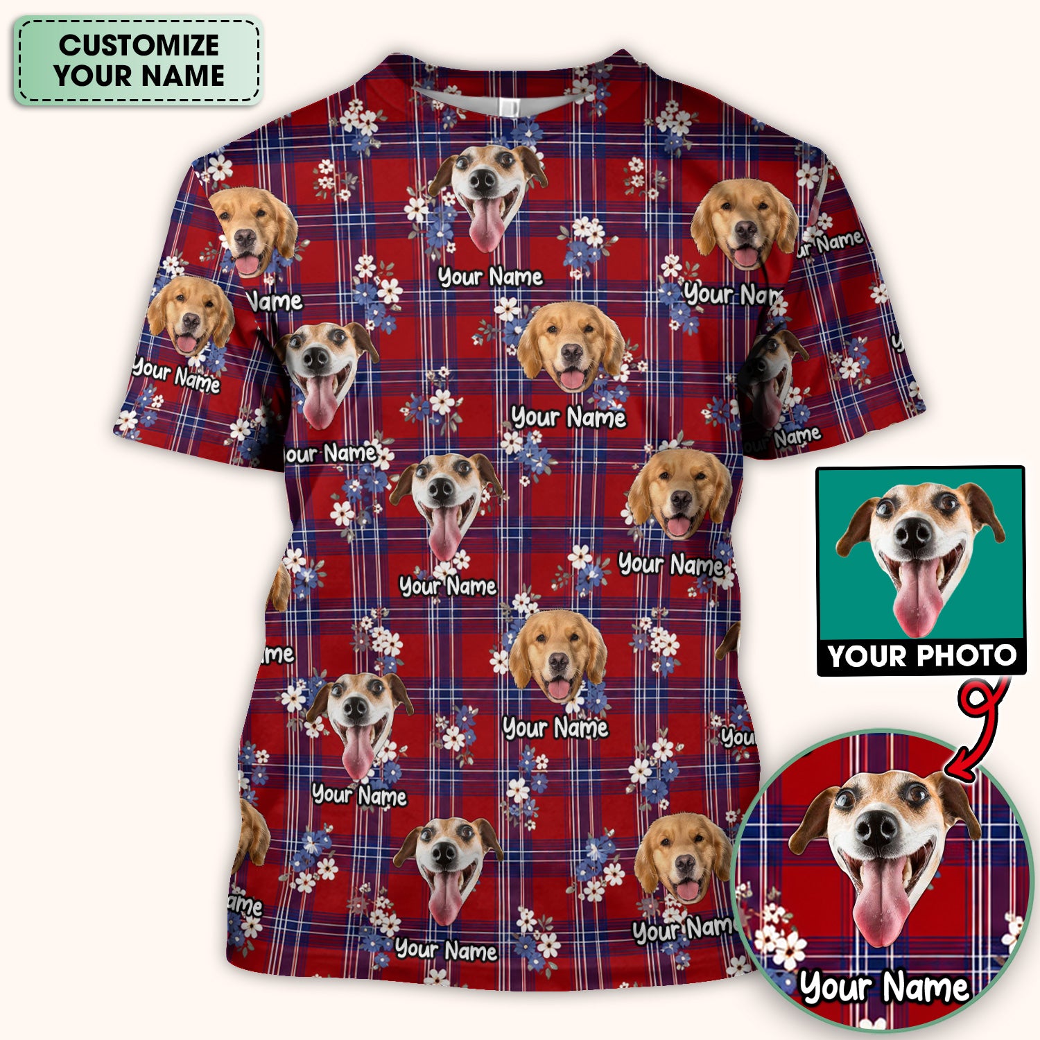 Custom Face Dog With Floral Plaid Pattern Scrub Top, Comfortable Scrubs for Nurses