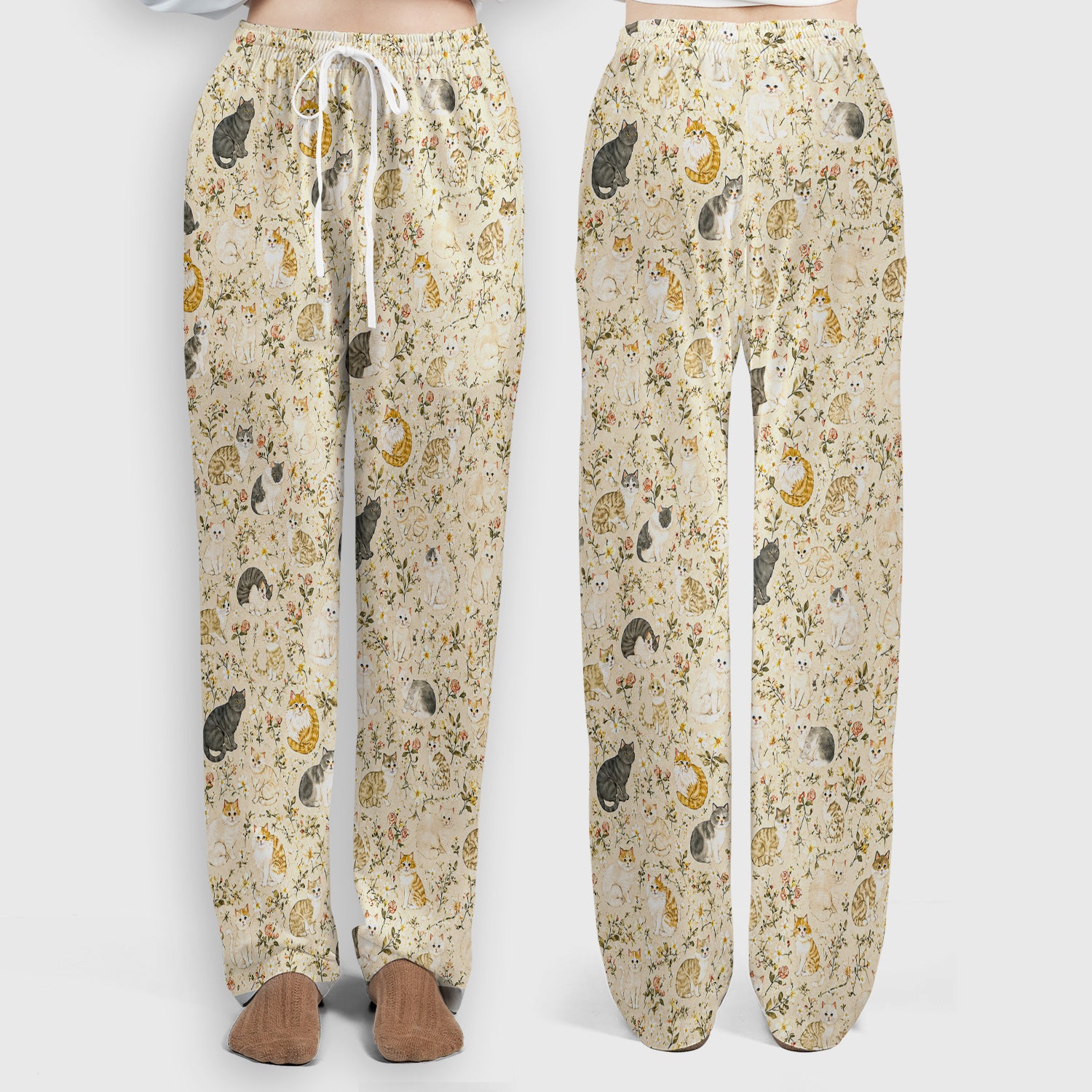 Vintage Floral Cat Garden Pattern Scrub Set, Scrub Pants and V Neck Top