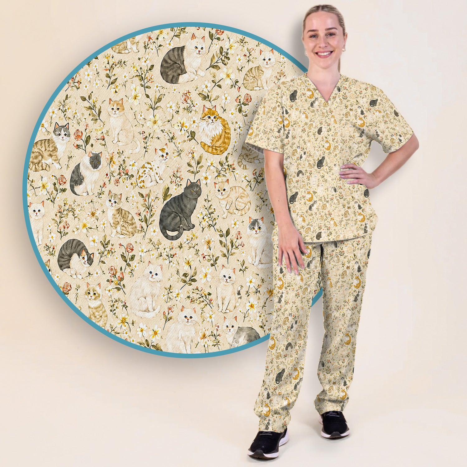 Vintage Floral Cat Garden Pattern Scrub Set, Scrub Pants and V Neck Top