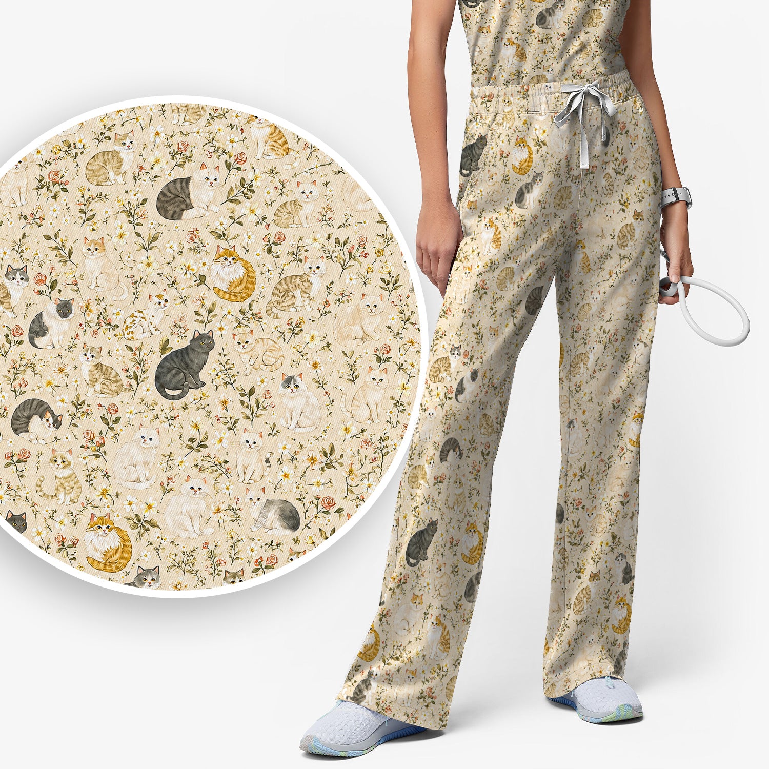 Vintage Floral Cat Garden Pattern Scrub Set, Scrub Pants and V Neck Top