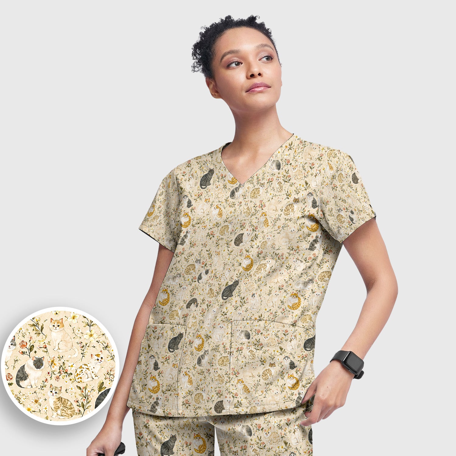 Vintage Floral Cat Garden Pattern Scrub Set, Scrub Pants and V Neck Top