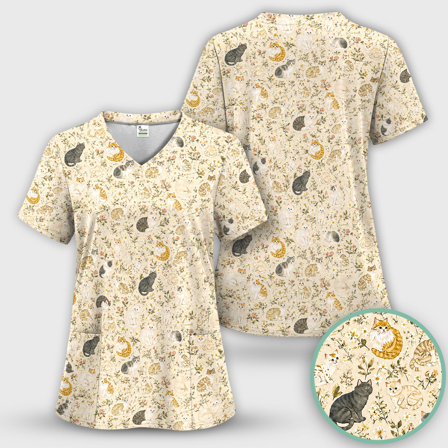 Vintage Floral Cat Garden Pattern Scrub Set, Scrub Pants and V Neck Top