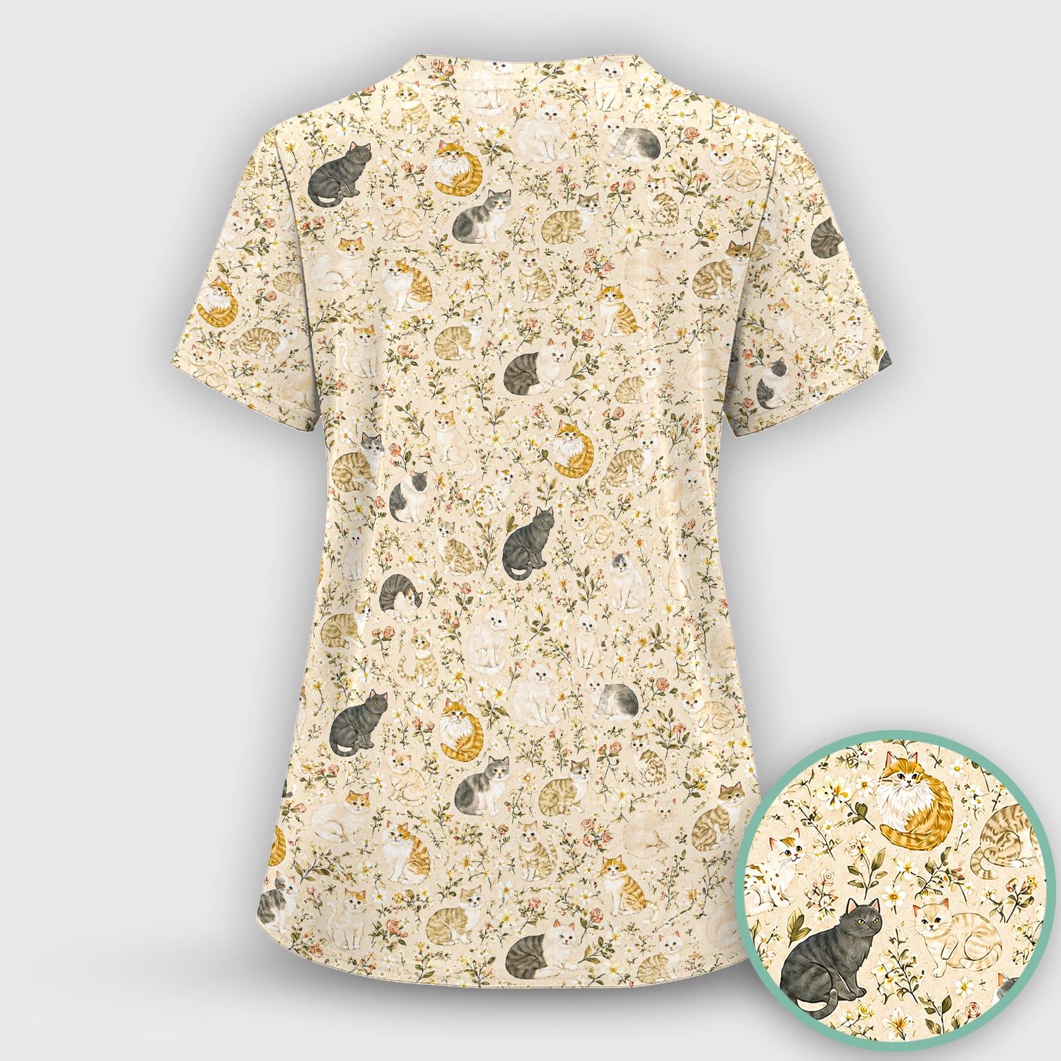 Vintage Floral Cat Garden Pattern Scrub Set, Scrub Pants and V Neck Top