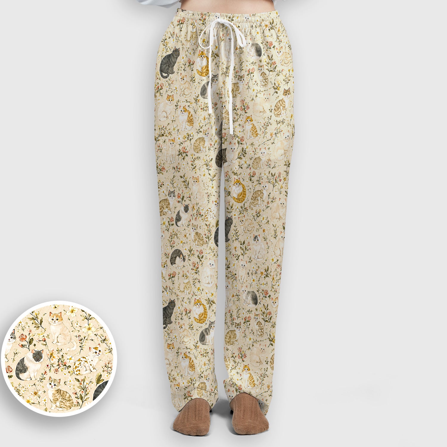 Vintage Floral Cat Garden Pattern Scrub Set, Scrub Pants and V Neck Top