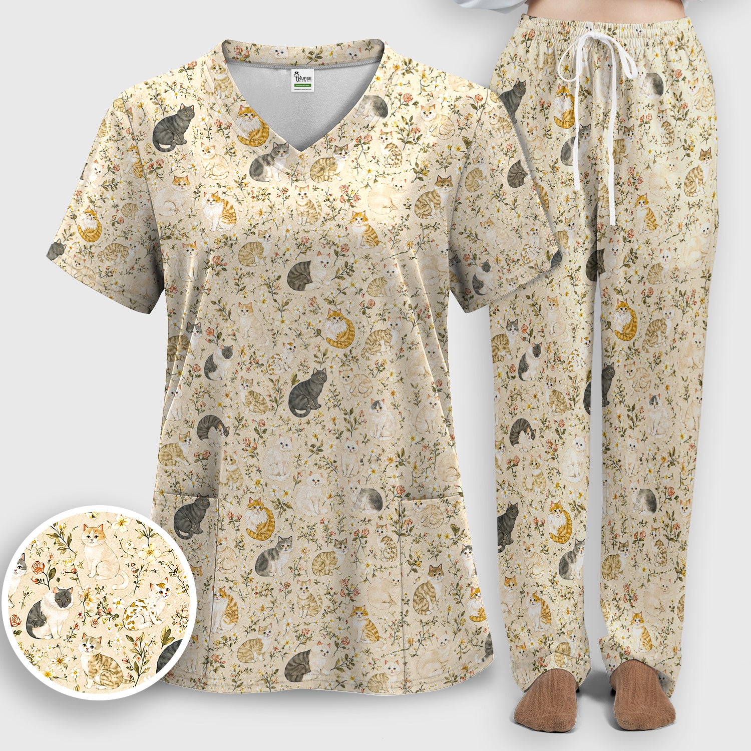 Vintage Floral Cat Garden Pattern Scrub Set, Scrub Pants and V Neck Top