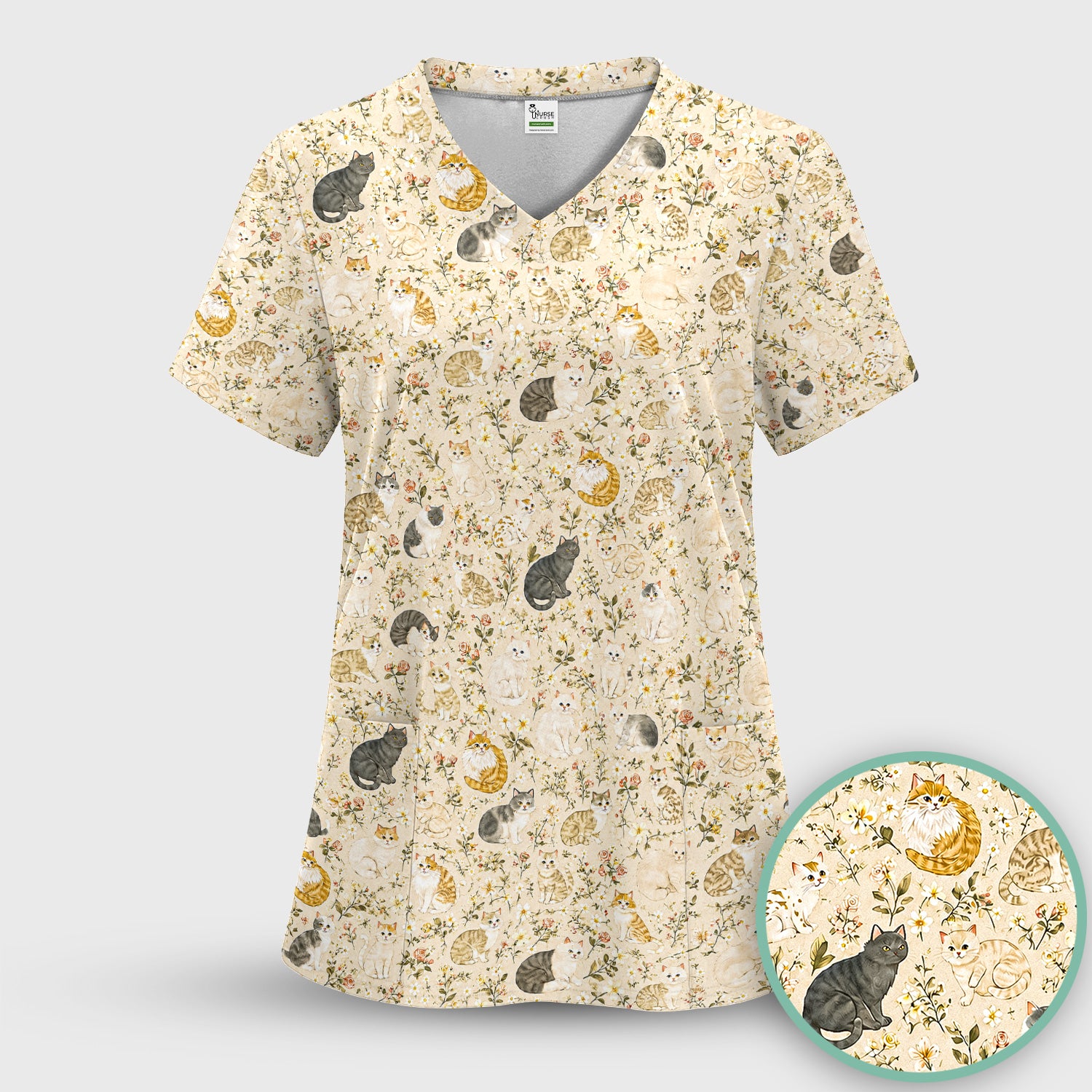 Vintage Floral Cat Garden Pattern Scrub Set, Scrub Pants and V Neck Top