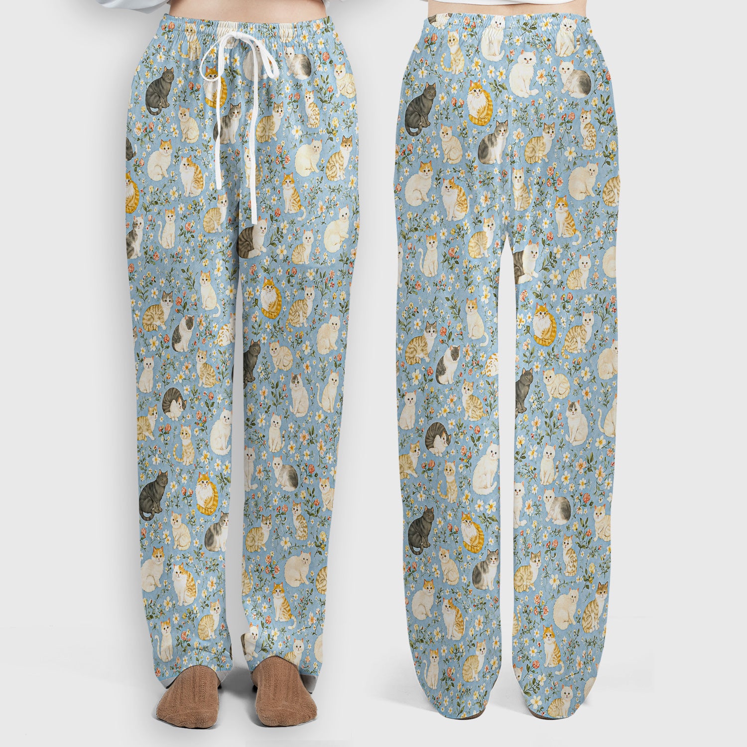 Vintage Floral Cat Garden Pattern Scrub Set, Scrub Pants and V Neck Top