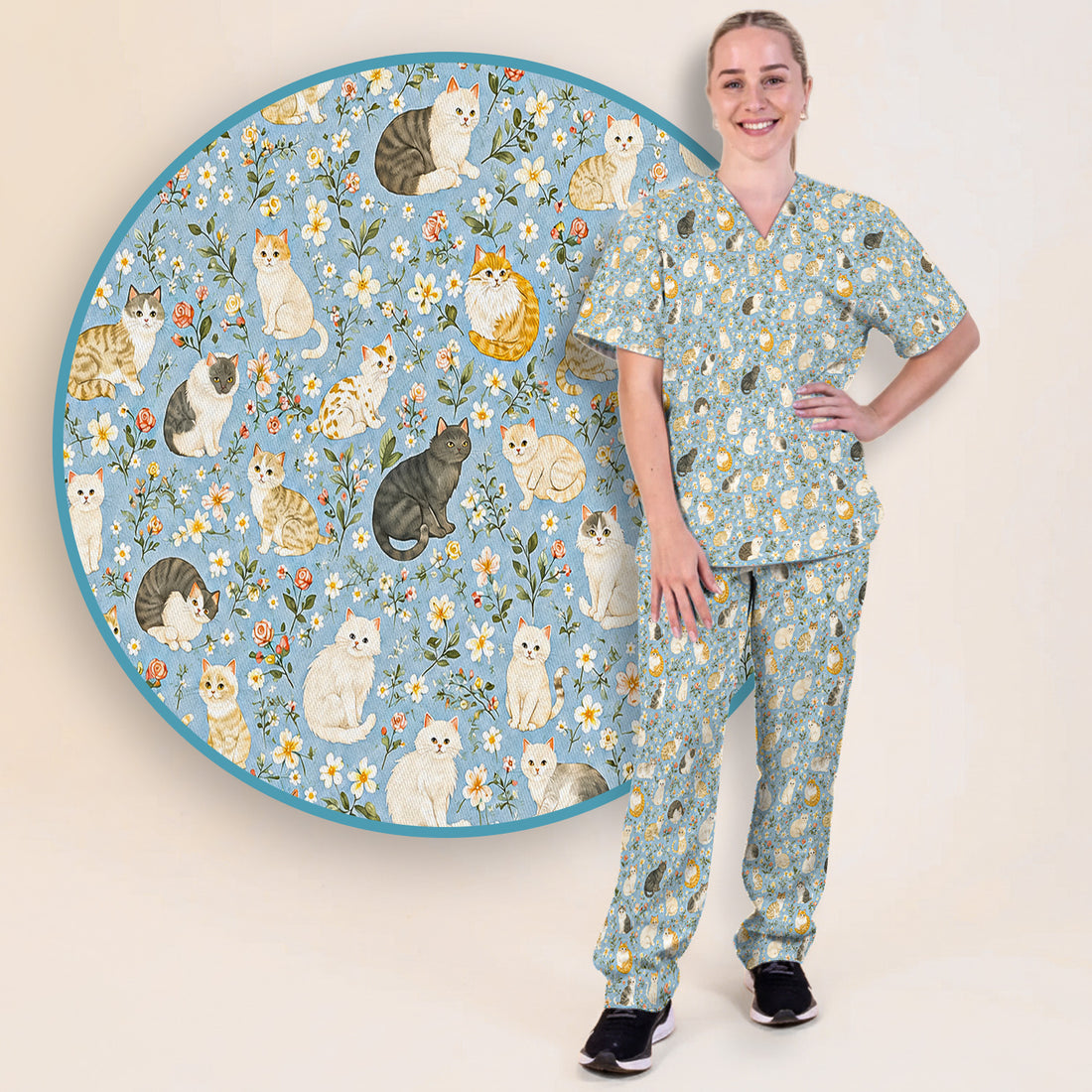 Vintage Floral Cat Garden Pattern Scrub Set, Scrub Pants and V Neck Top
