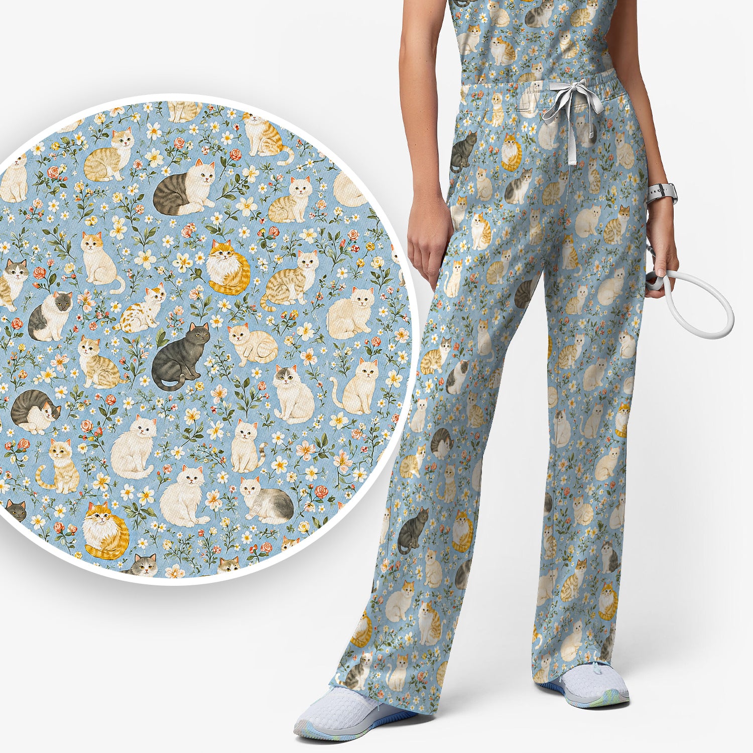 Vintage Floral Cat Garden Pattern Scrub Set, Scrub Pants and V Neck Top