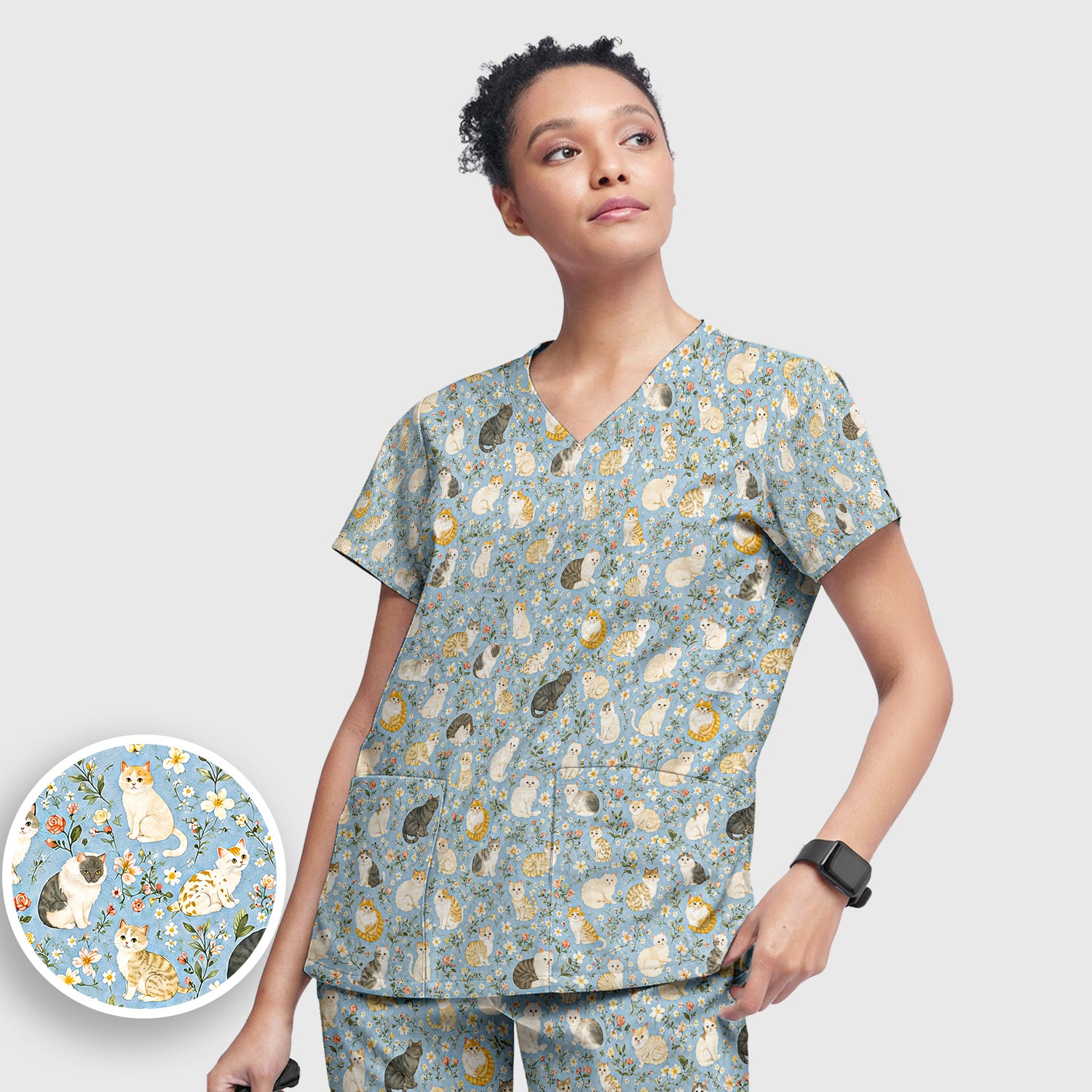 Vintage Floral Cat Garden Pattern Scrub Set, Scrub Pants and V Neck Top