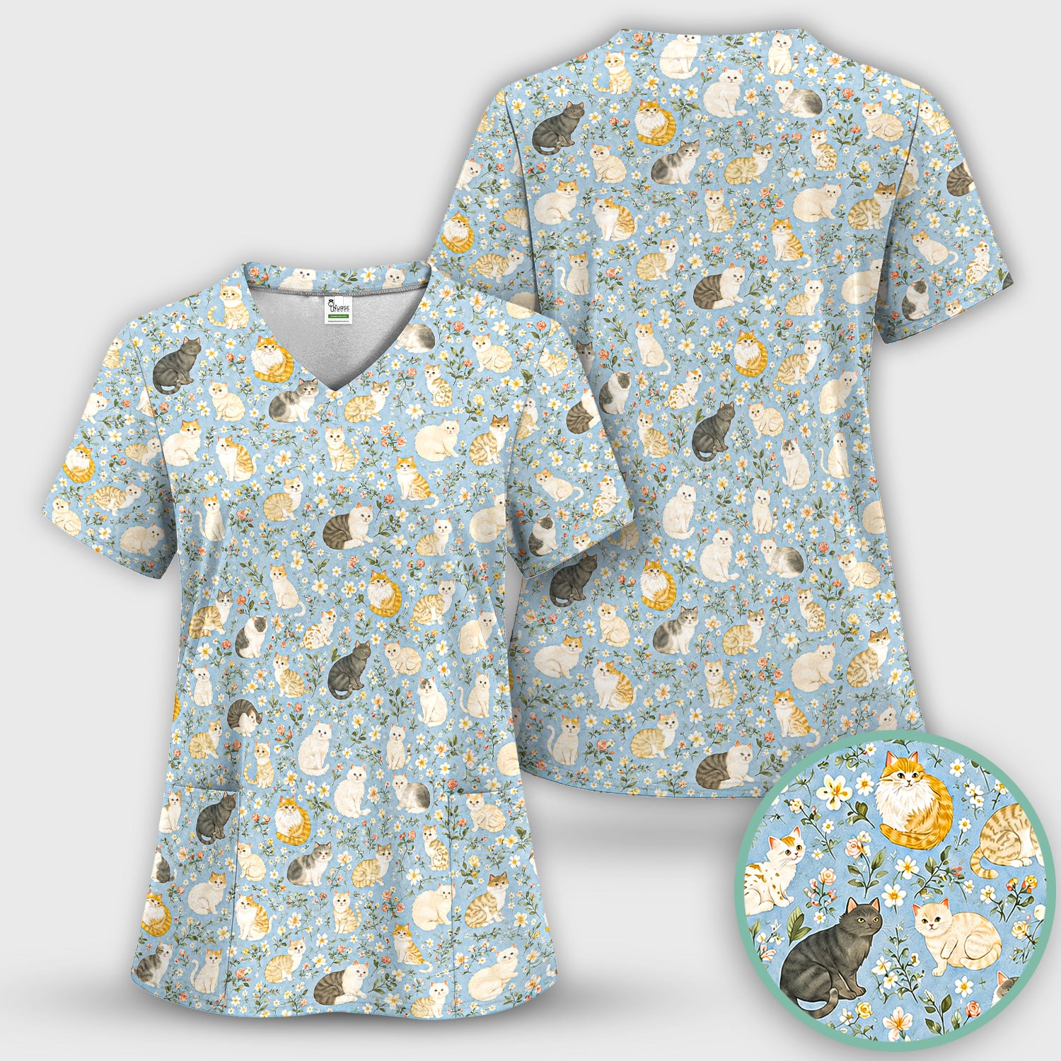 Vintage Floral Cat Garden Pattern Scrub Set, Scrub Pants and V Neck Top