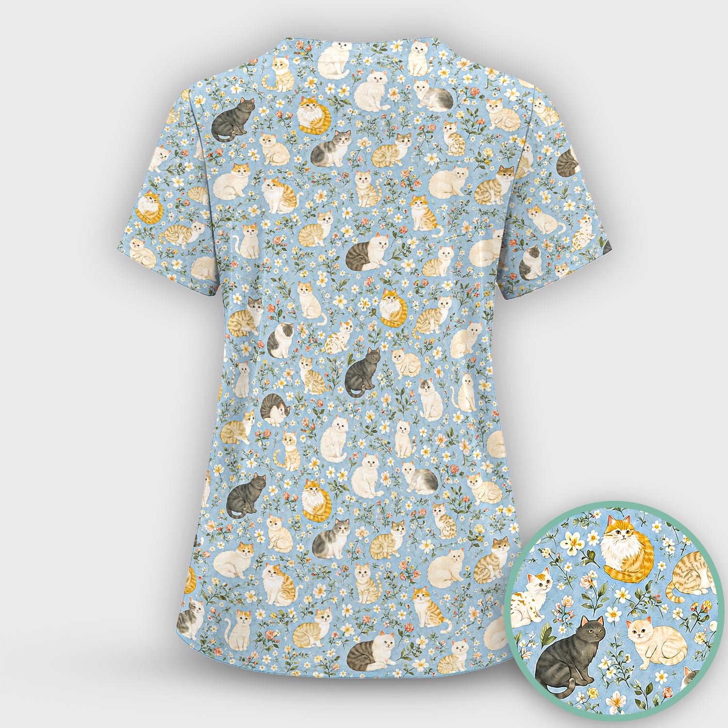 Vintage Floral Cat Garden Pattern Scrub Set, Scrub Pants and V Neck Top