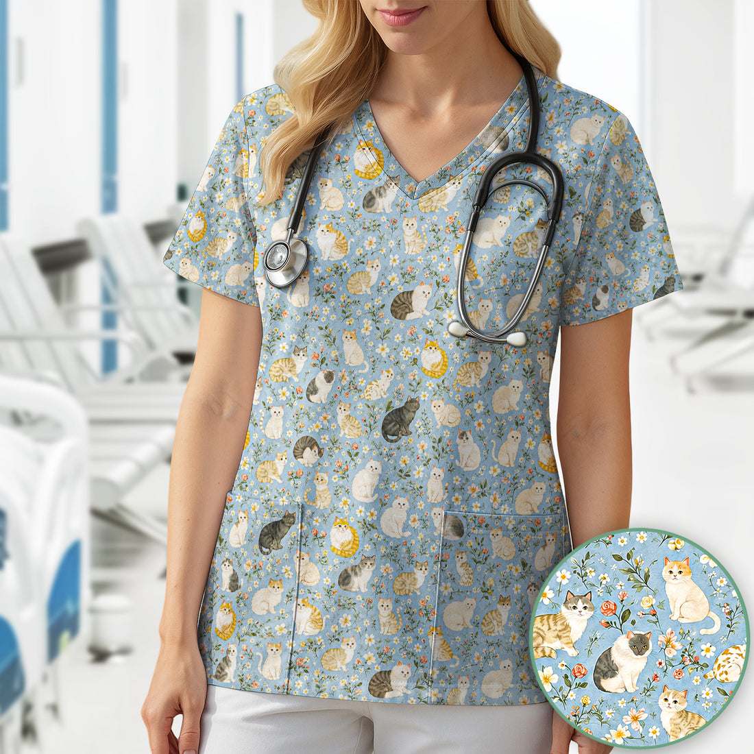 Vintage Floral Cat Garden Pattern Scrub Top, Comfortable Scrubs for Nurses