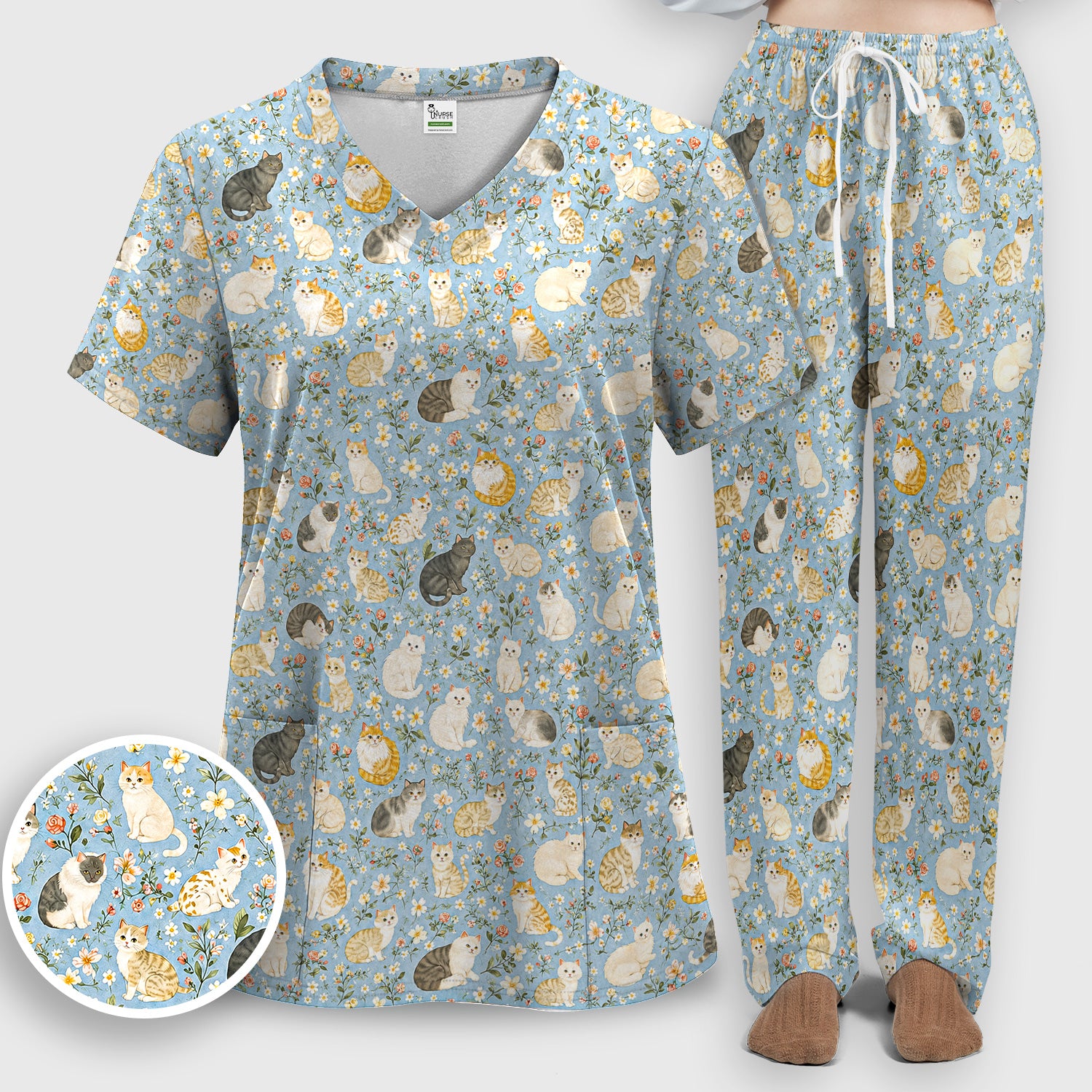Vintage Floral Cat Garden Pattern Scrub Set, Scrub Pants and V Neck Top