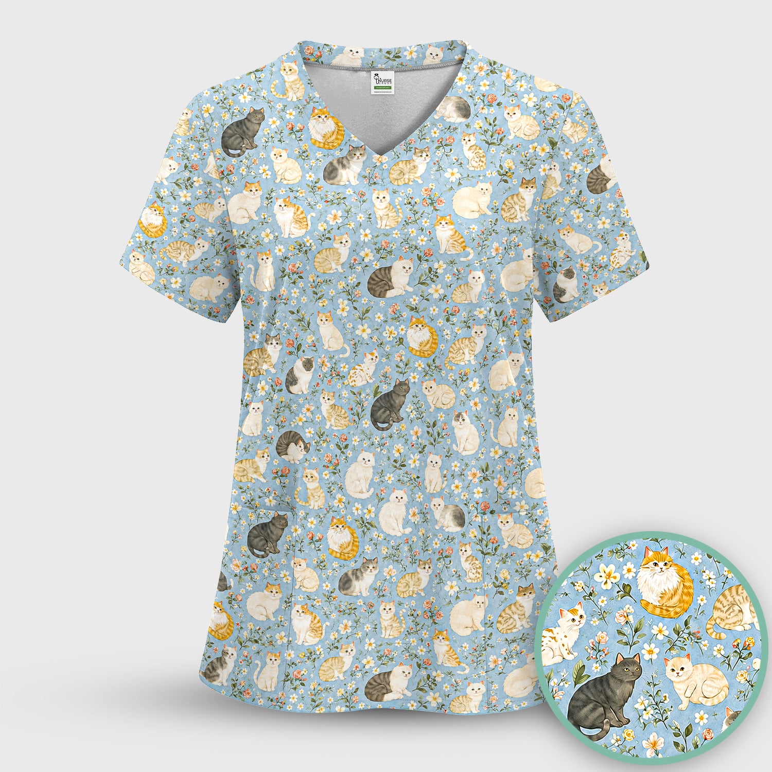 Vintage Floral Cat Garden Pattern Scrub Set, Scrub Pants and V Neck Top