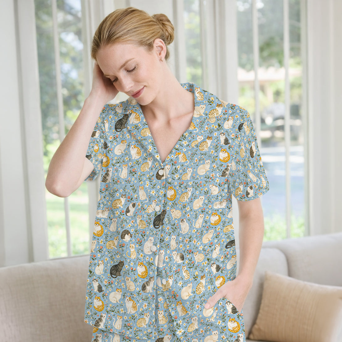 Vintage Floral Cat Garden Pattern Pajama Set, Soft Breathable Fabric Comfortable Sleepwear