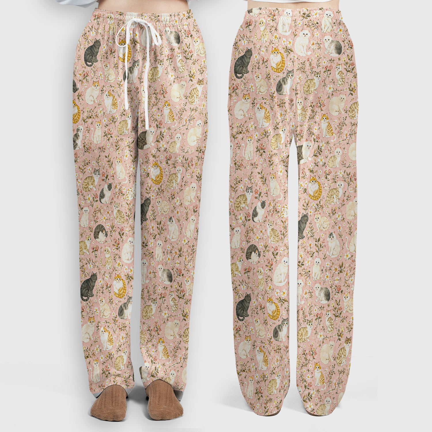 Vintage Floral Cat Garden Pattern Scrub Set, Scrub Pants and V Neck Top