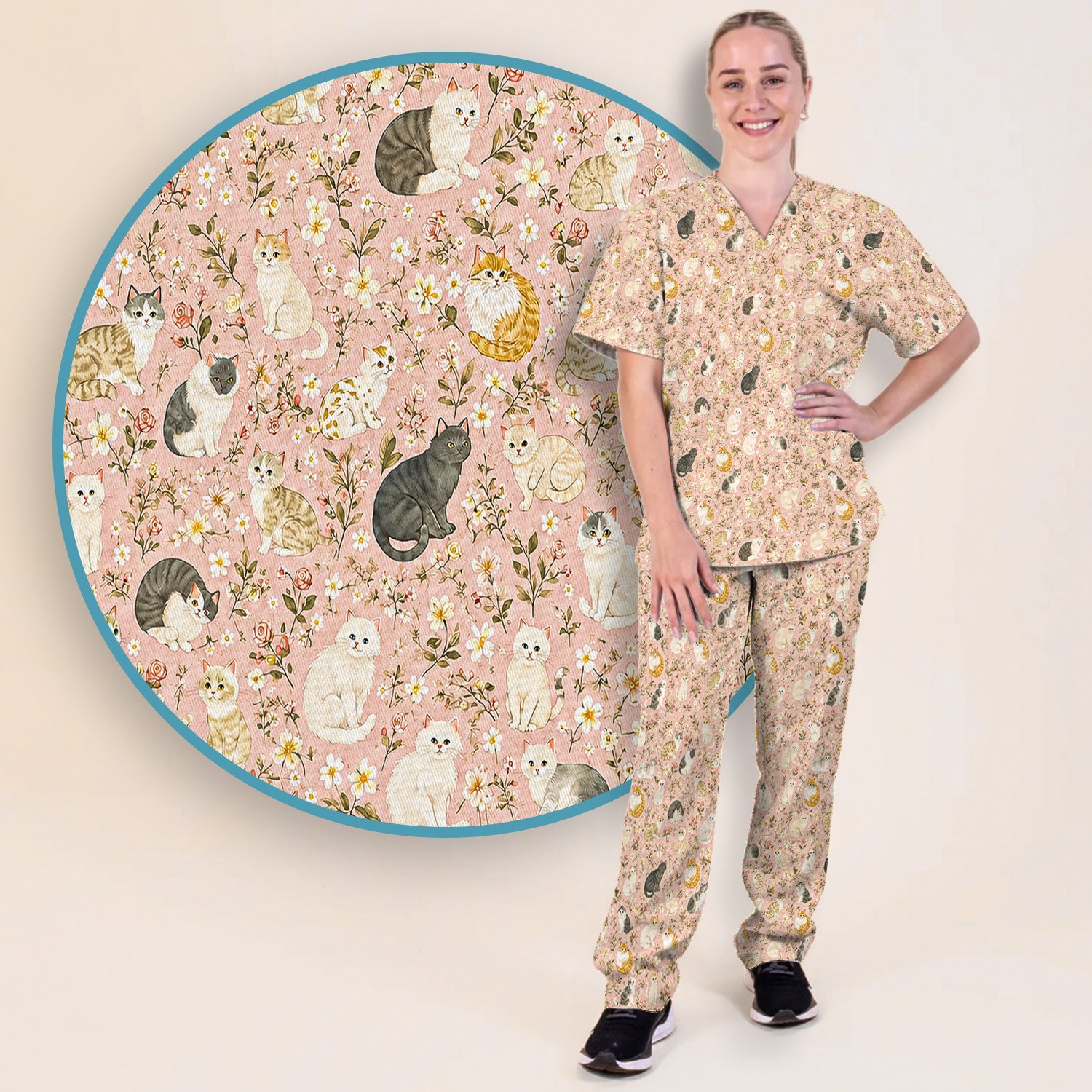 Vintage Floral Cat Garden Pattern Scrub Set, Scrub Pants and V Neck Top