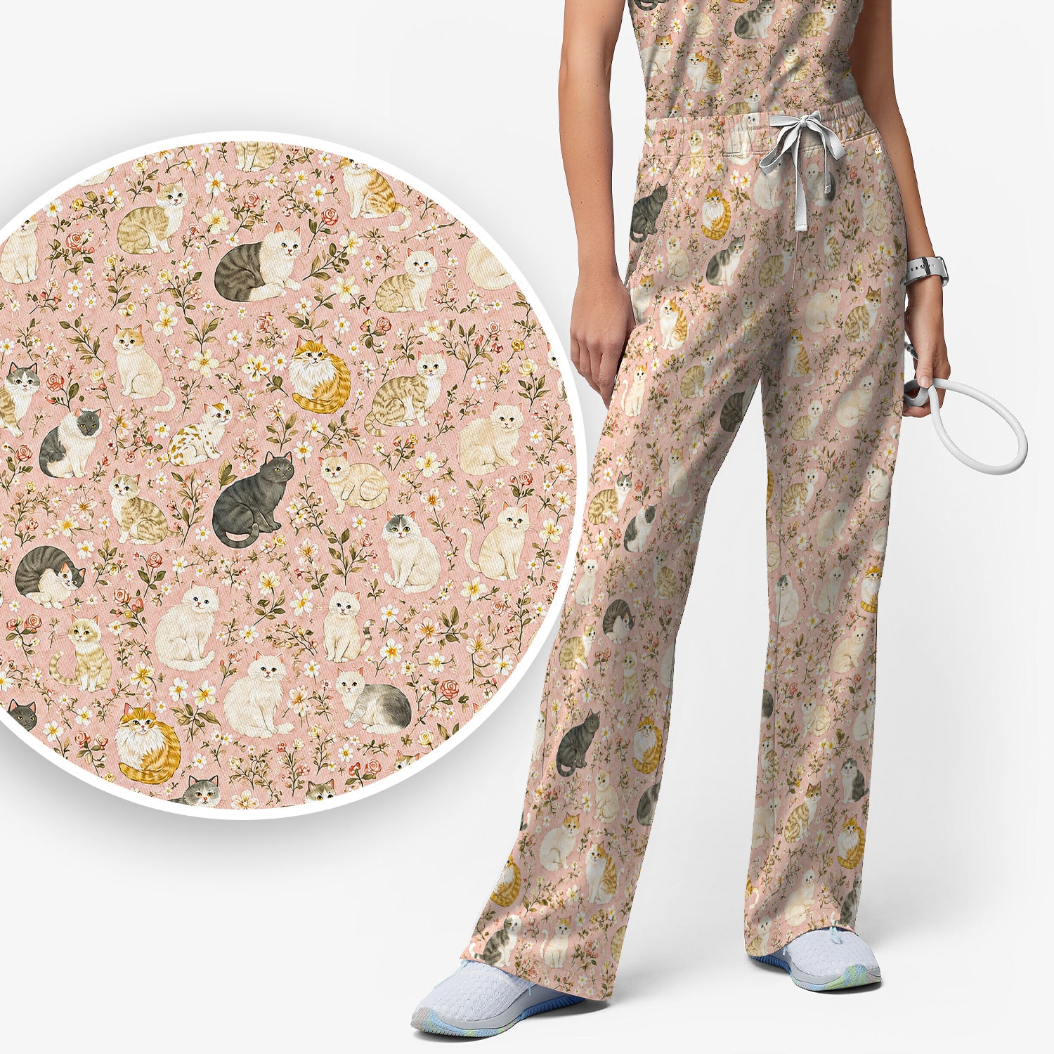 Vintage Floral Cat Garden Pattern Scrub Set, Scrub Pants and V Neck Top