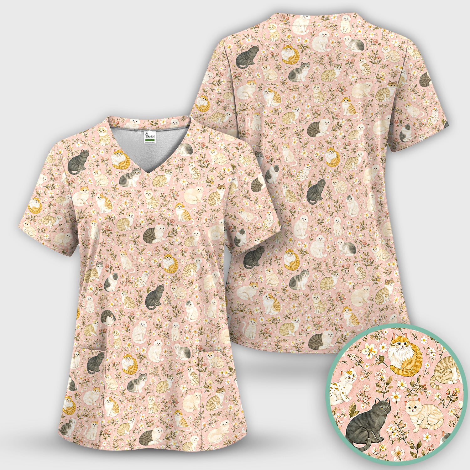 Vintage Floral Cat Garden Pattern Scrub Set, Scrub Pants and V Neck Top
