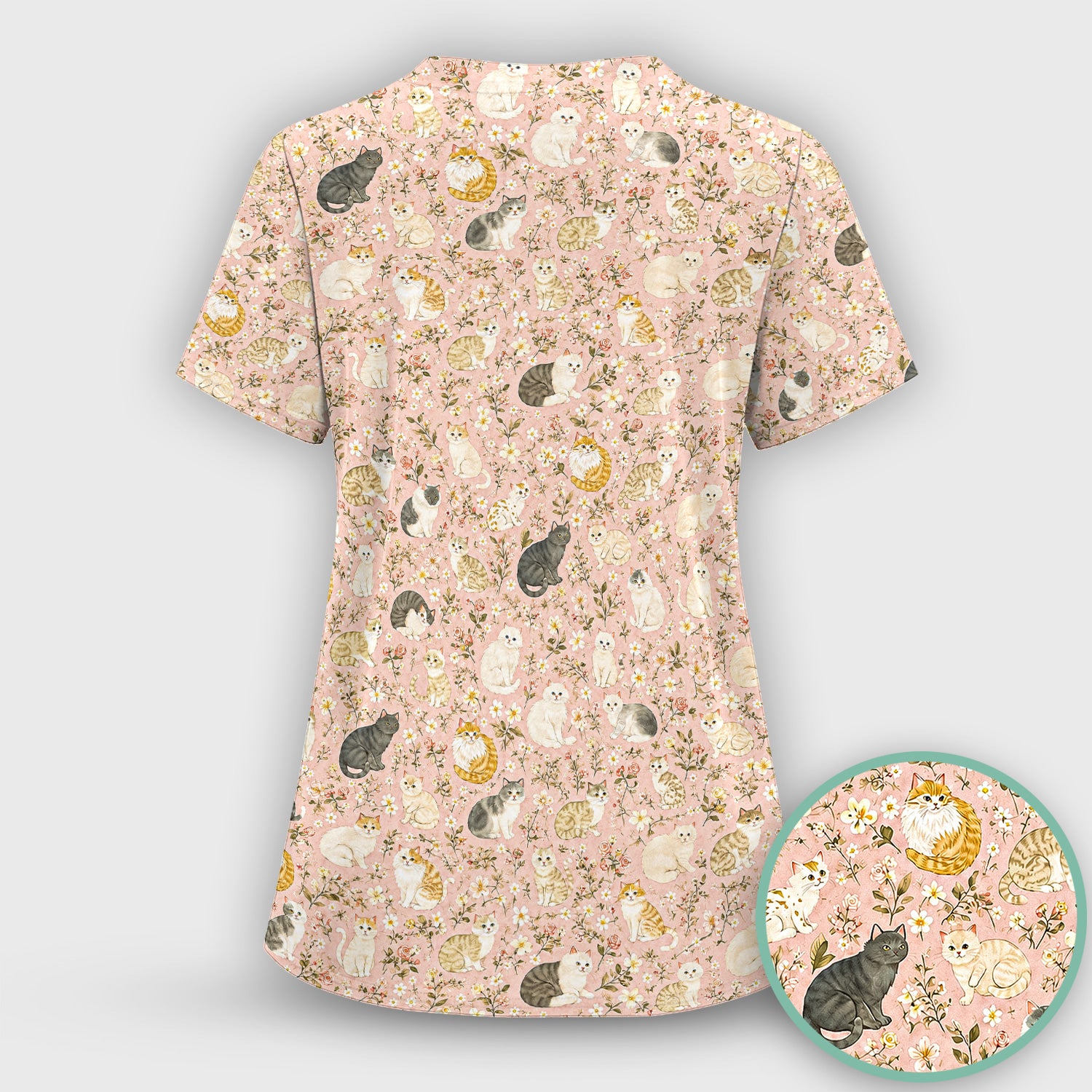 Vintage Floral Cat Garden Pattern Scrub Set, Scrub Pants and V Neck Top