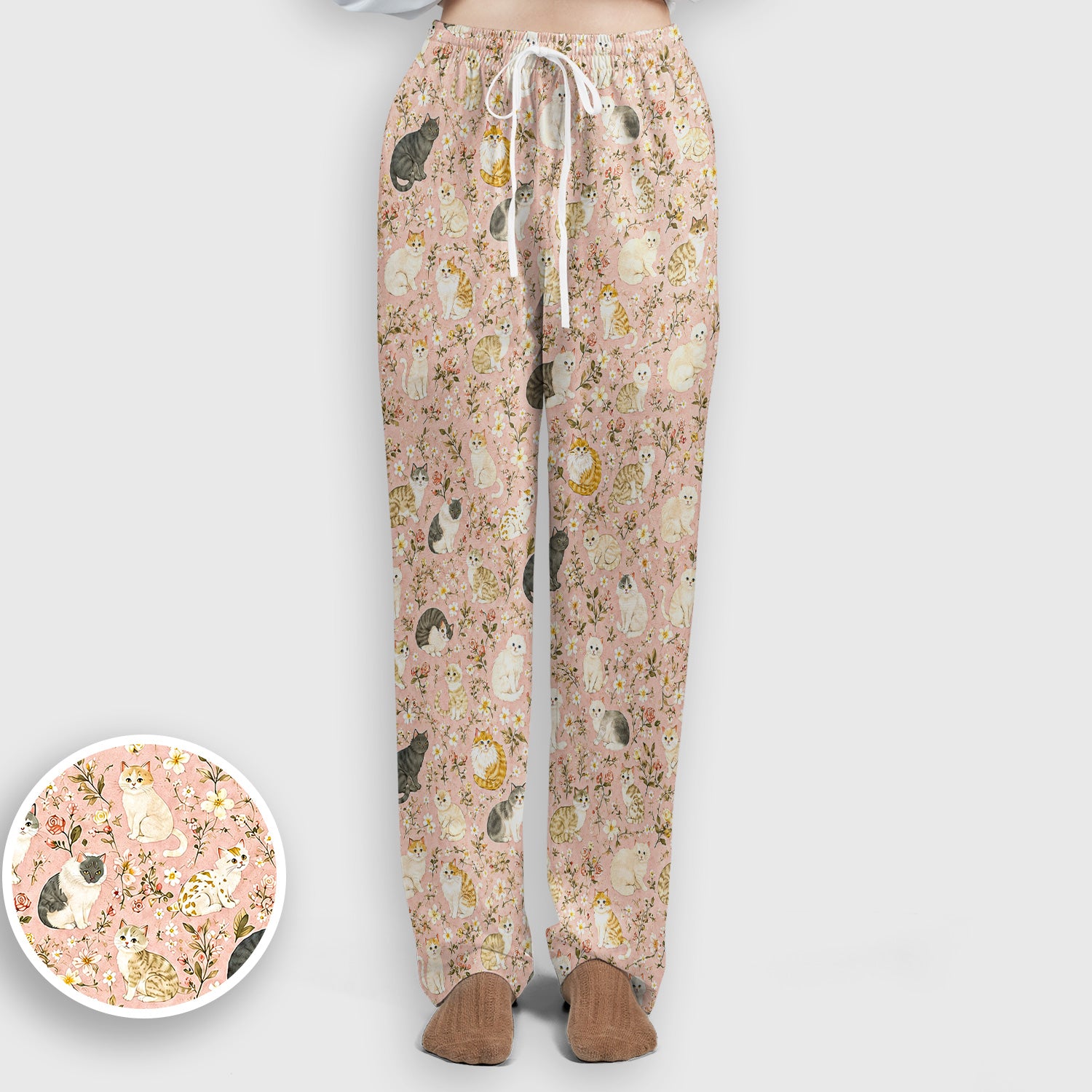 Vintage Floral Cat Garden Pattern Scrub Set, Scrub Pants and V Neck Top