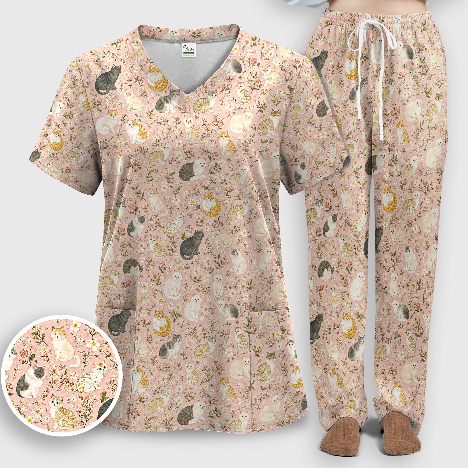 Vintage Floral Cat Garden Pattern Scrub Set, Scrub Pants and V Neck Top