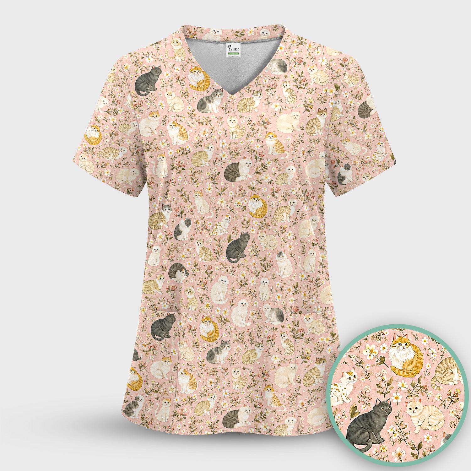 Vintage Floral Cat Garden Pattern Scrub Set, Scrub Pants and V Neck Top