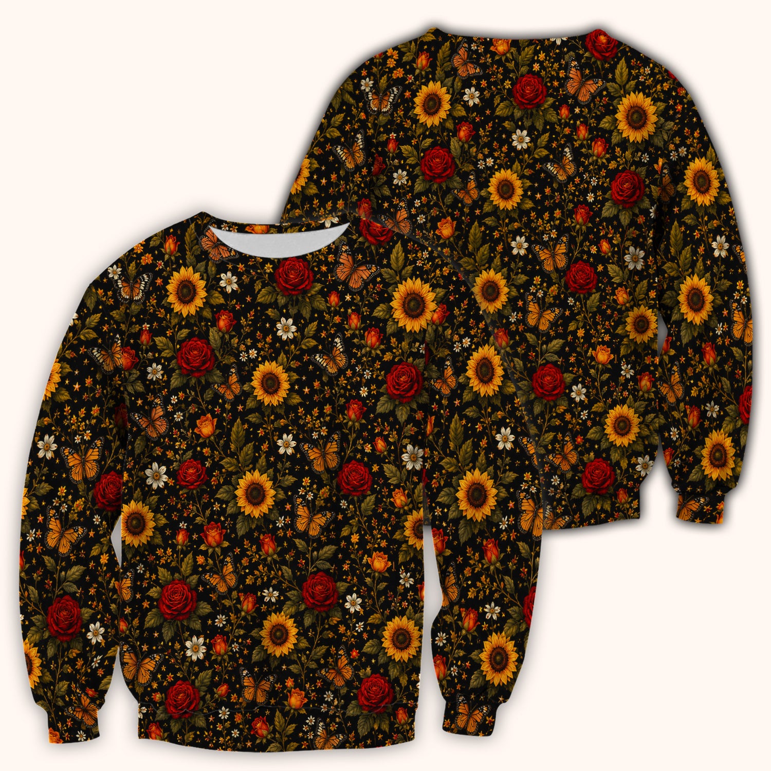 Autumn Sunflower Rose Butterfly Pattern Scrub Top, Comfortable Scrubs for Nurses