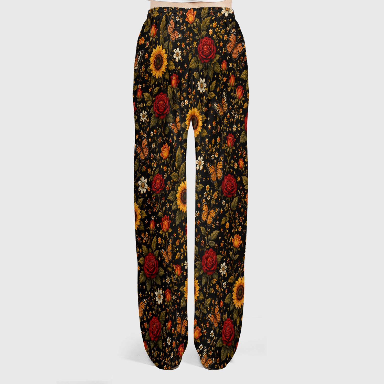 Autumn Sunflower Rose Butterfly Pattern Scrub Set, Scrub Pants and V Neck Top