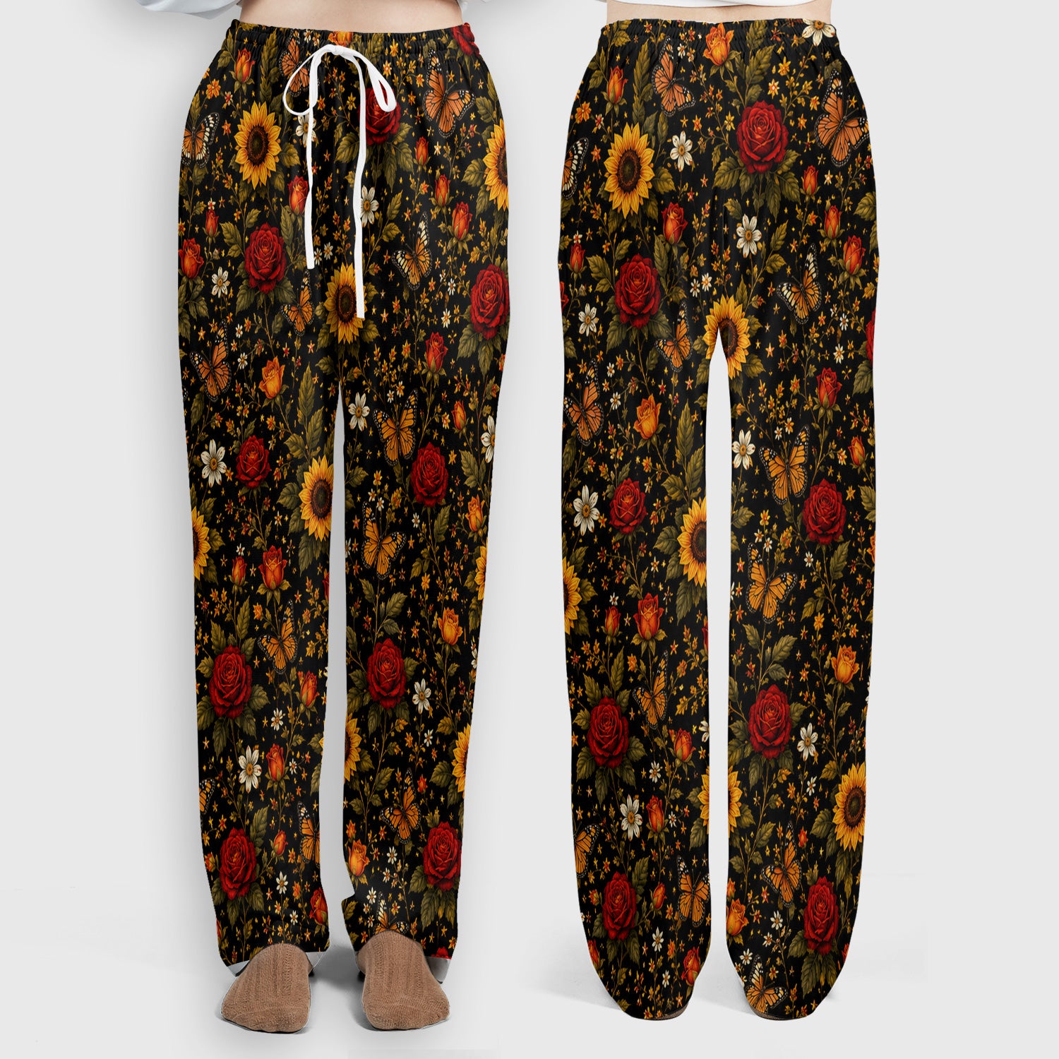 Autumn Sunflower Rose Butterfly Pattern Scrub Set, Scrub Pants and V Neck Top