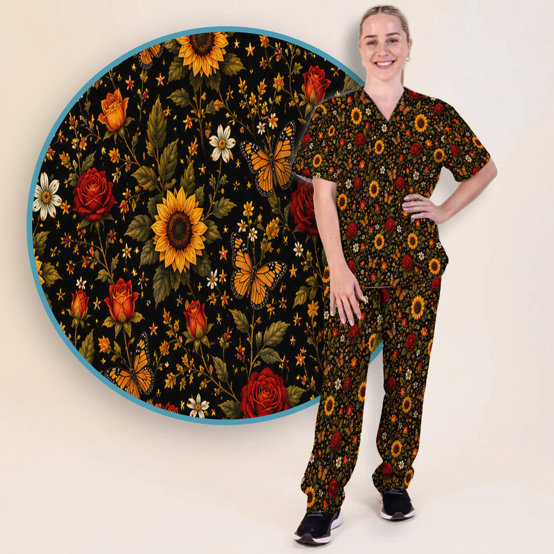 Autumn Sunflower Rose Butterfly Pattern Scrub Set, Scrub Pants and V Neck Top