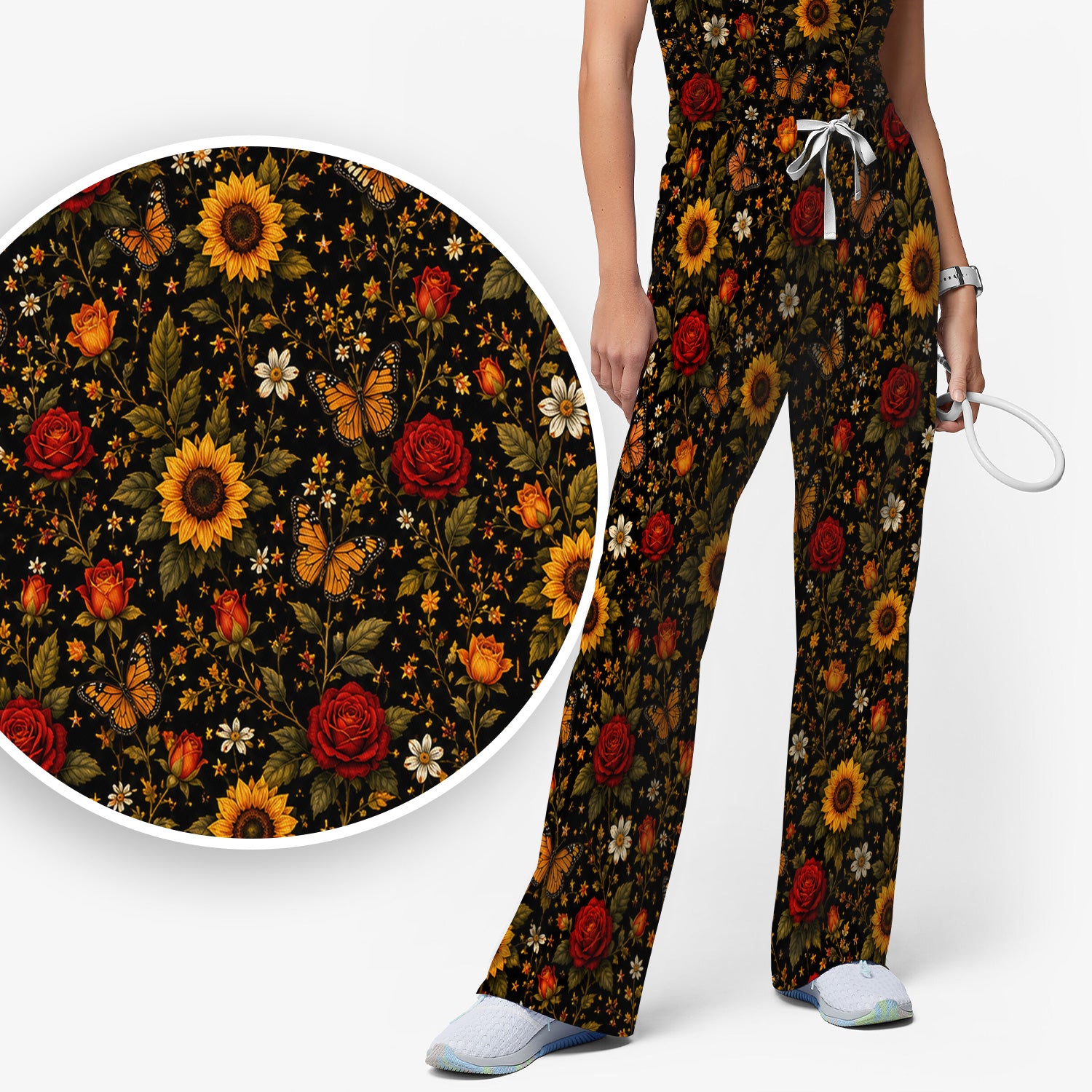 Autumn Sunflower Rose Butterfly Pattern Scrub Set, Scrub Pants and V Neck Top