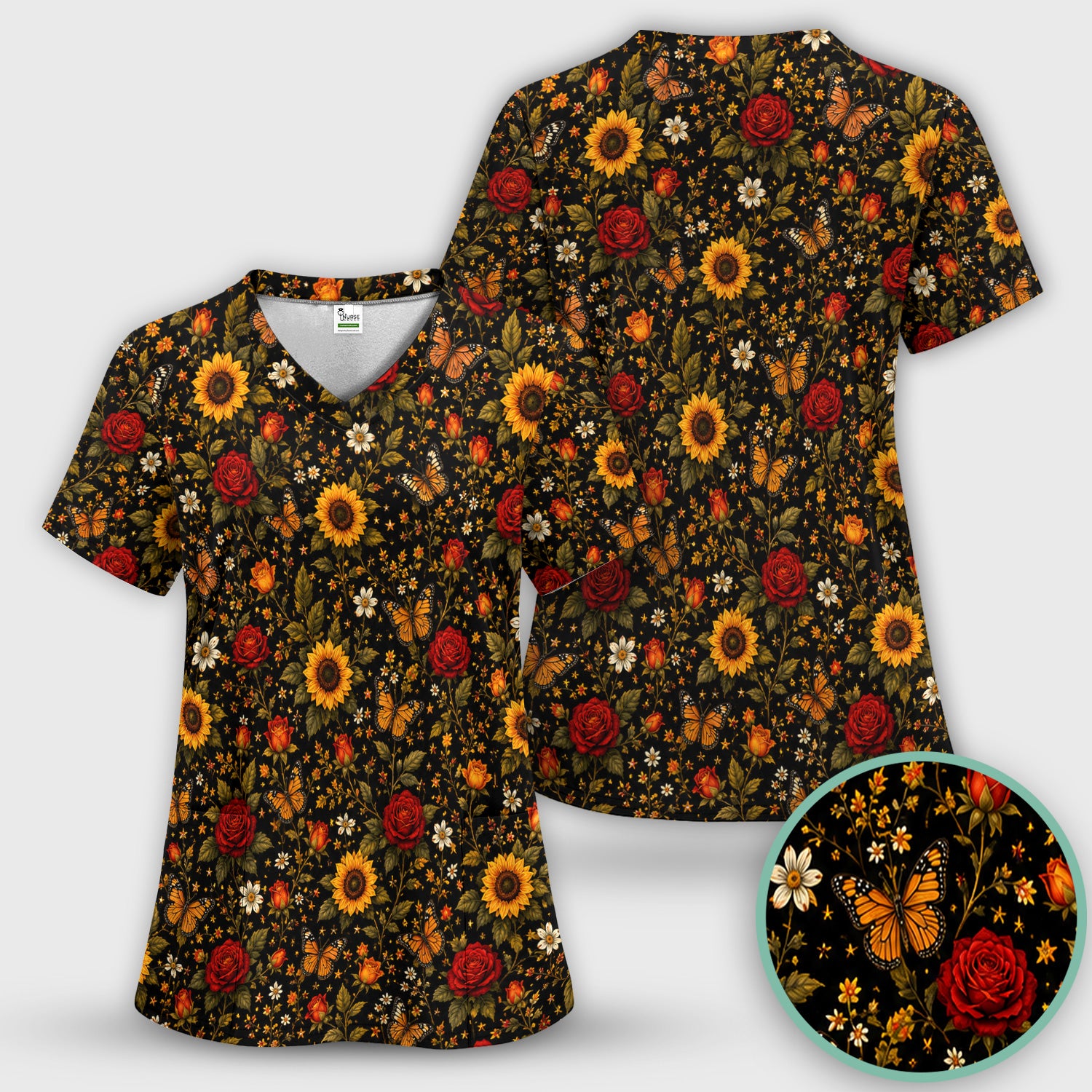 Autumn Sunflower Rose Butterfly Pattern Scrub Top, Comfortable Scrubs for Nurses