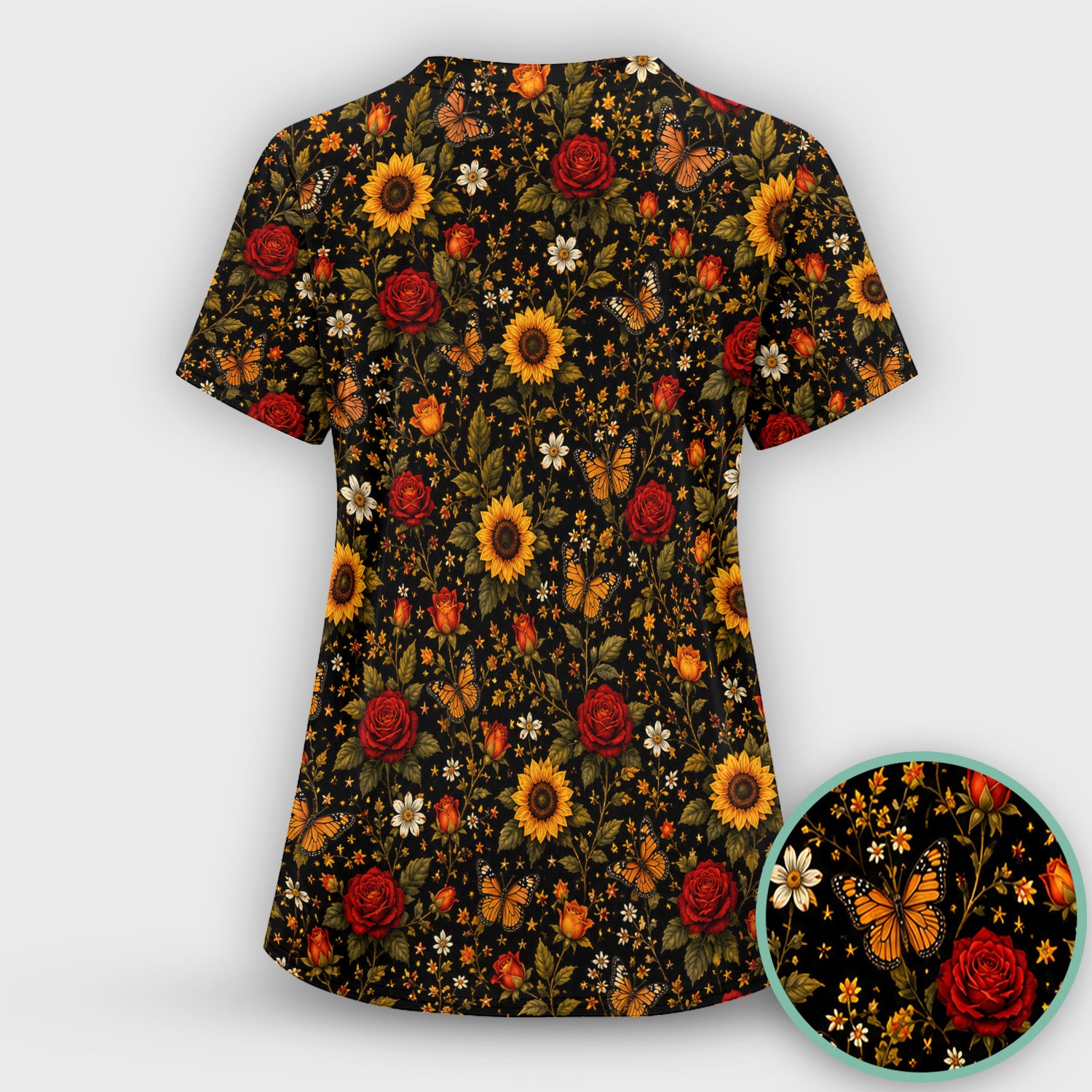 Autumn Sunflower Rose Butterfly Pattern Scrub Top, Comfortable Scrubs for Nurses
