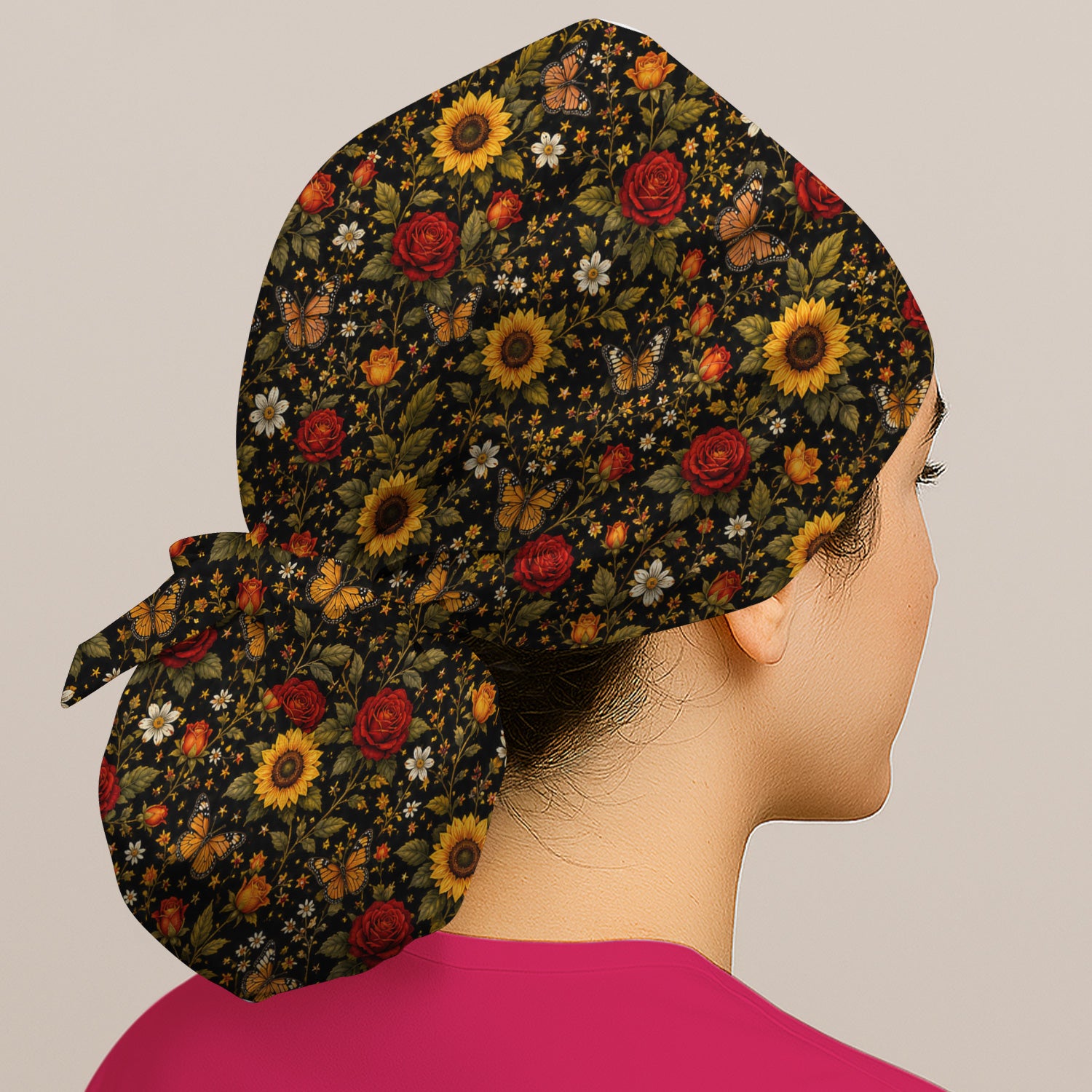Autumn Sunflower Rose Butterfly Pattern Scrub Cap, Surgical Caps for Doctors