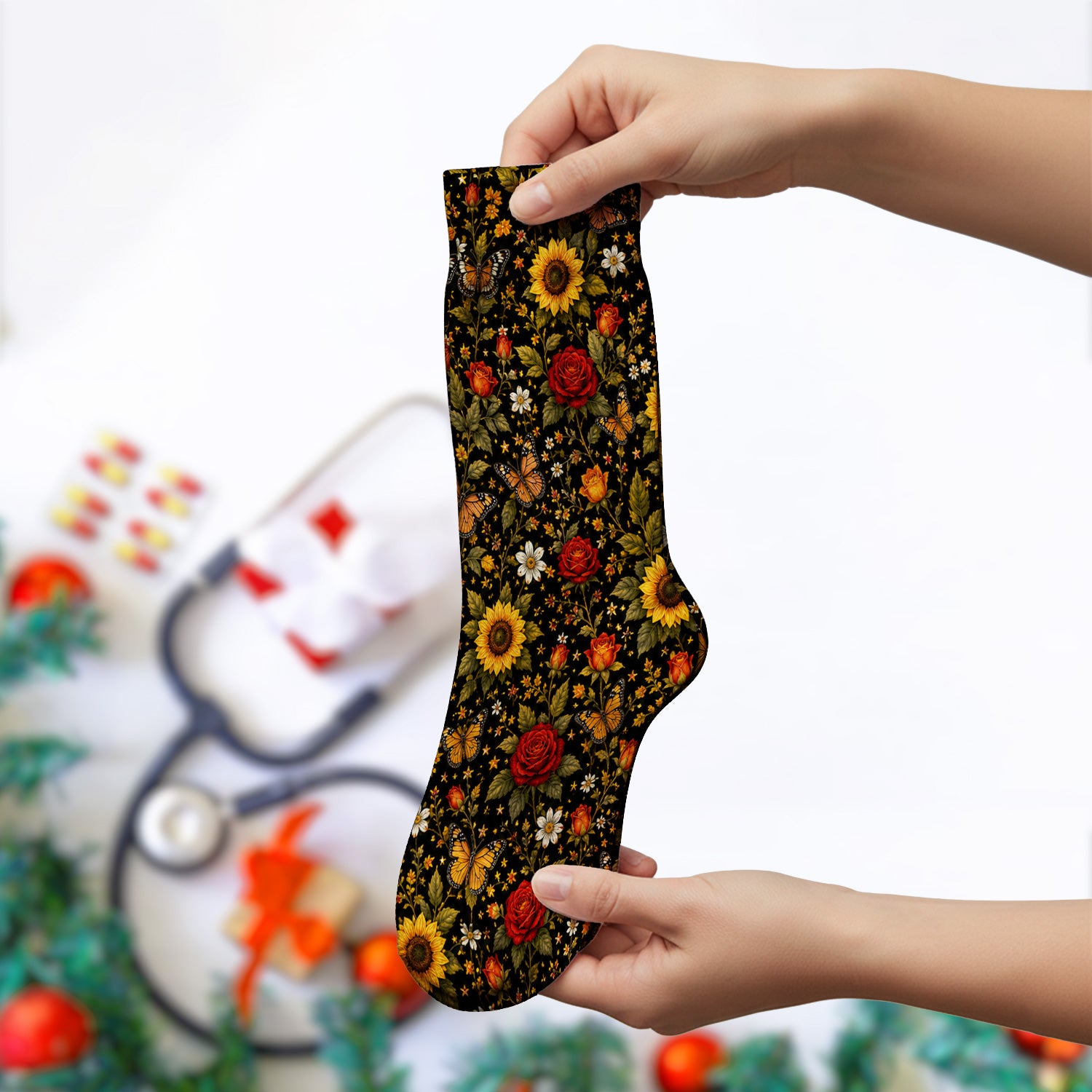 Autumn Sunflower Rose Butterfly Pattern Socks, Adult Socks for Men and Women