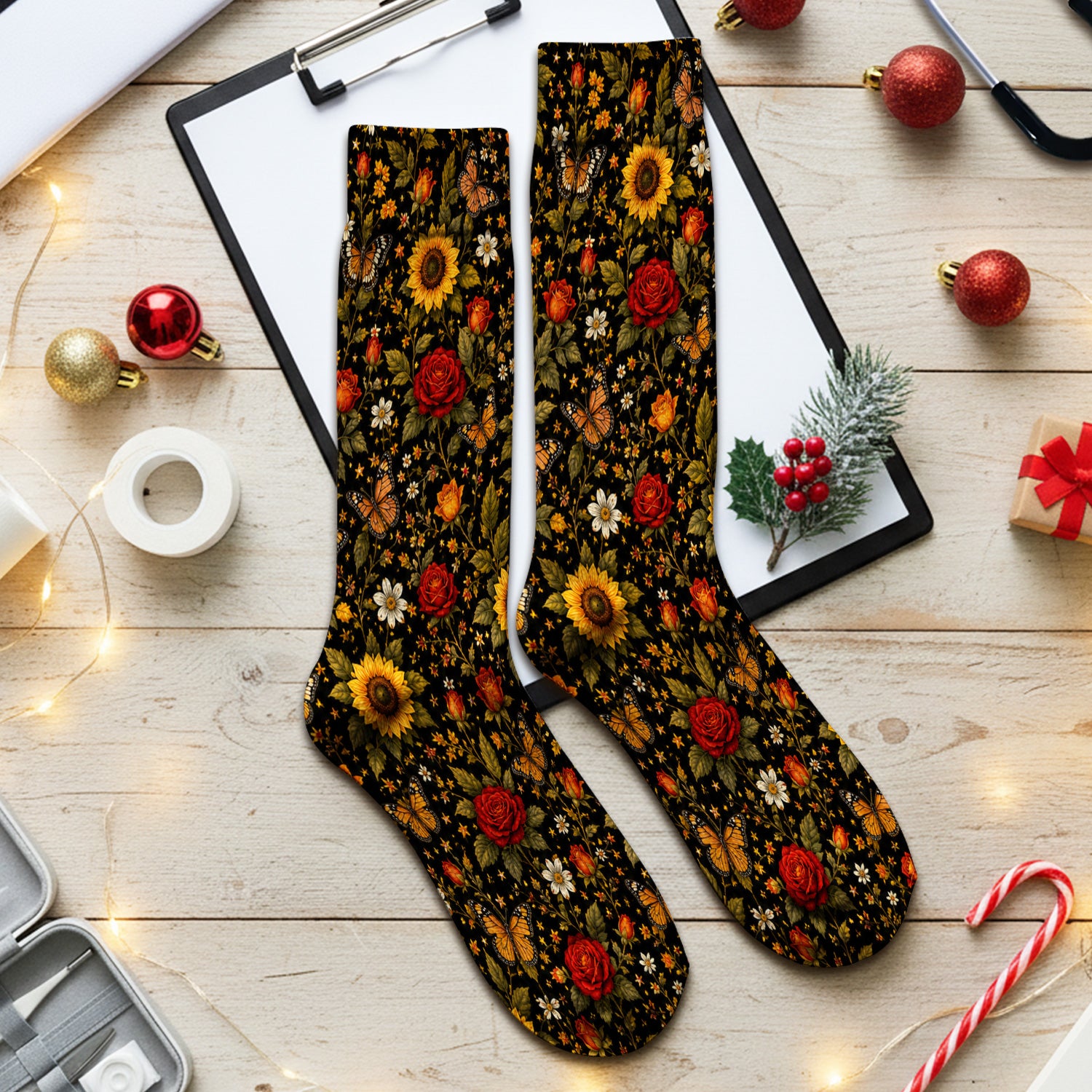 Autumn Sunflower Rose Butterfly Pattern Socks, Adult Socks for Men and Women