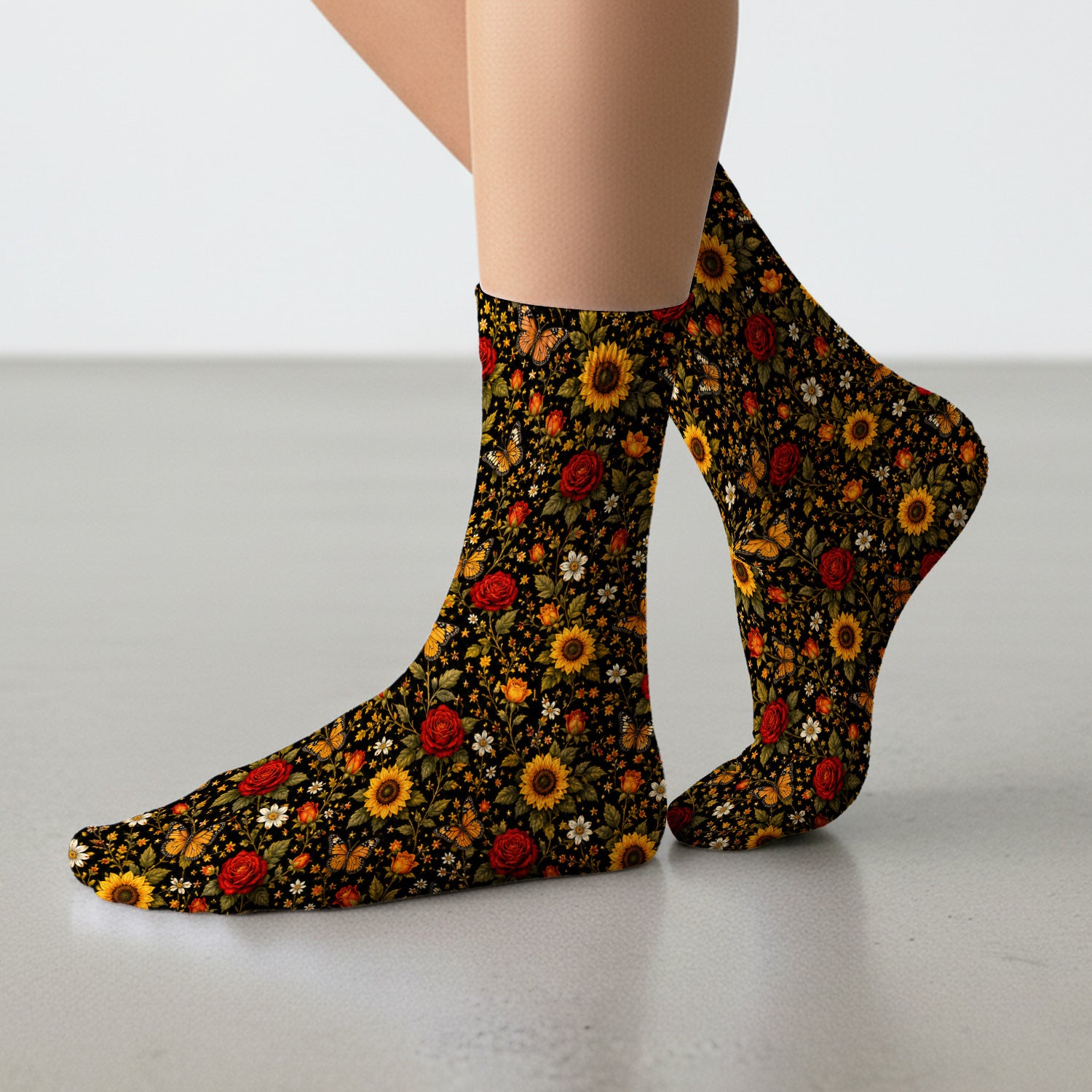 Autumn Sunflower Rose Butterfly Pattern Socks, Adult Socks for Men and Women