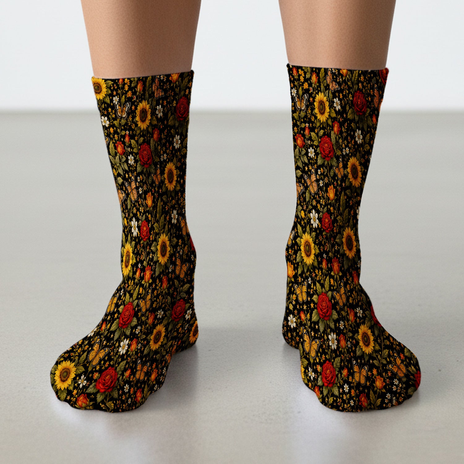 Autumn Sunflower Rose Butterfly Pattern Socks, Adult Socks for Men and Women