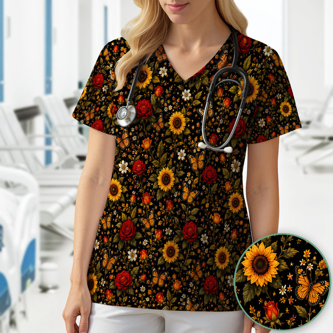 Autumn Sunflower Rose Butterfly Pattern Scrub Top, Comfortable Scrubs for Nurses