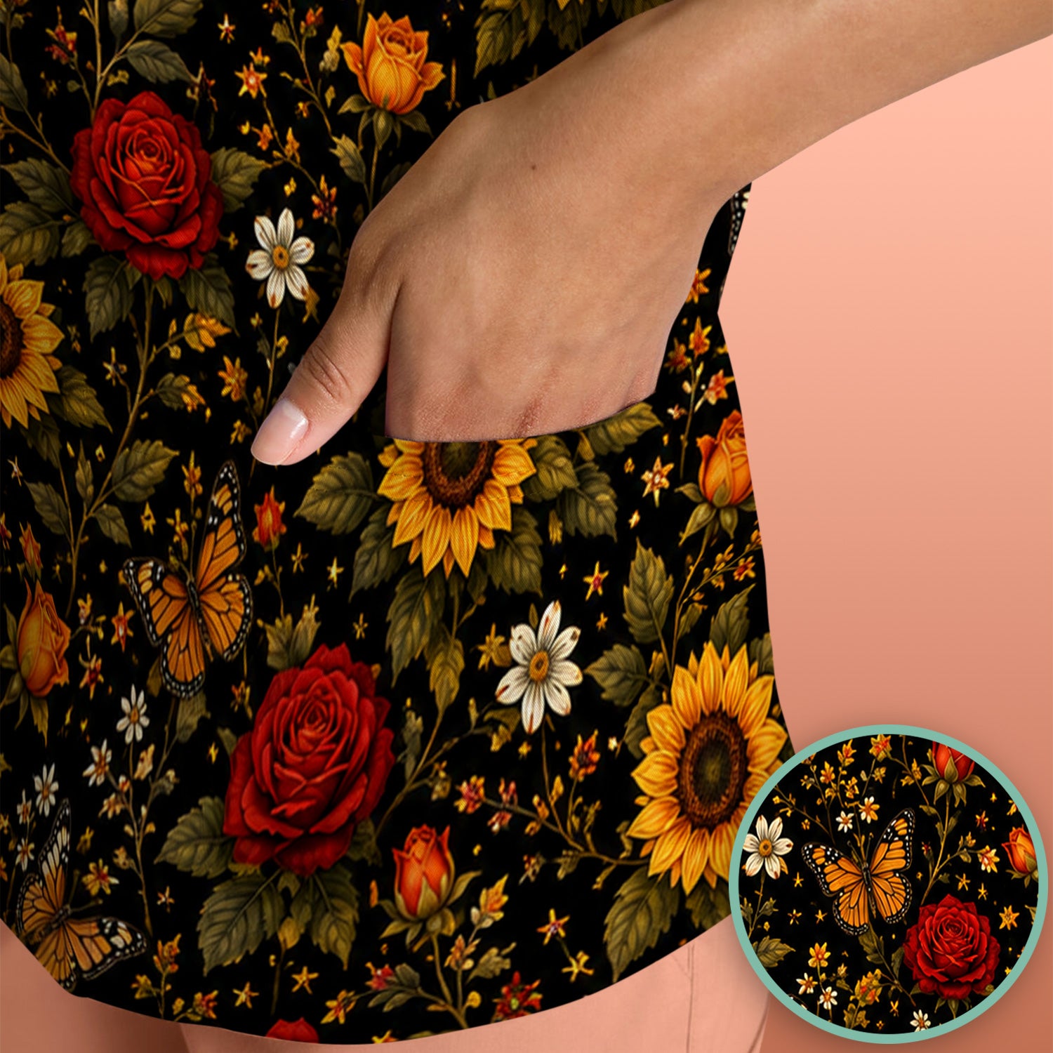 Autumn Sunflower Rose Butterfly Pattern Scrub Top, Comfortable Scrubs for Nurses